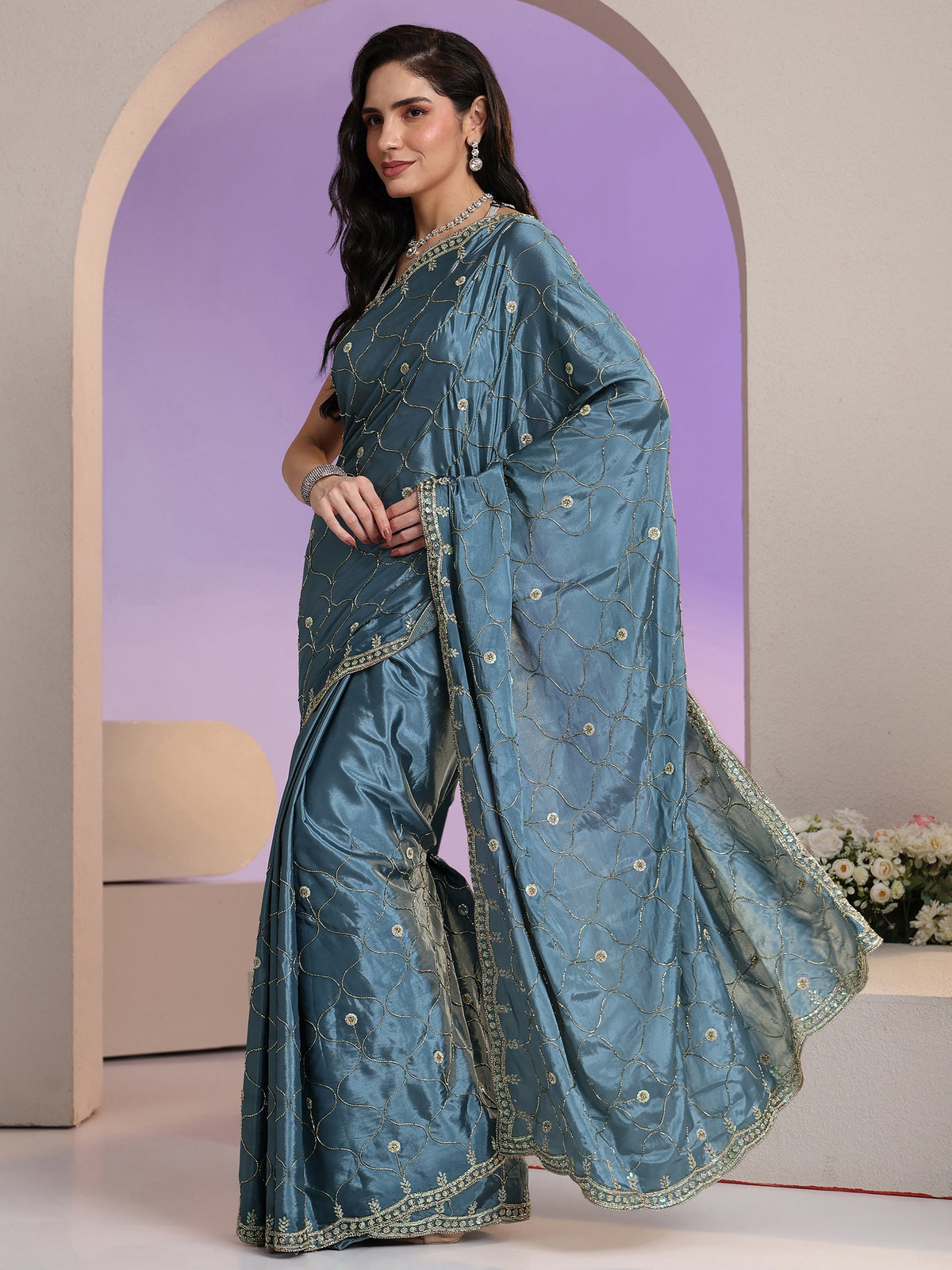 Anouk Dusty Blue Embellished Silk Blend Saree