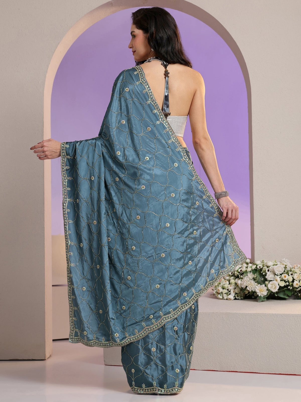Anouk Dusty Blue Embellished Silk Blend Saree