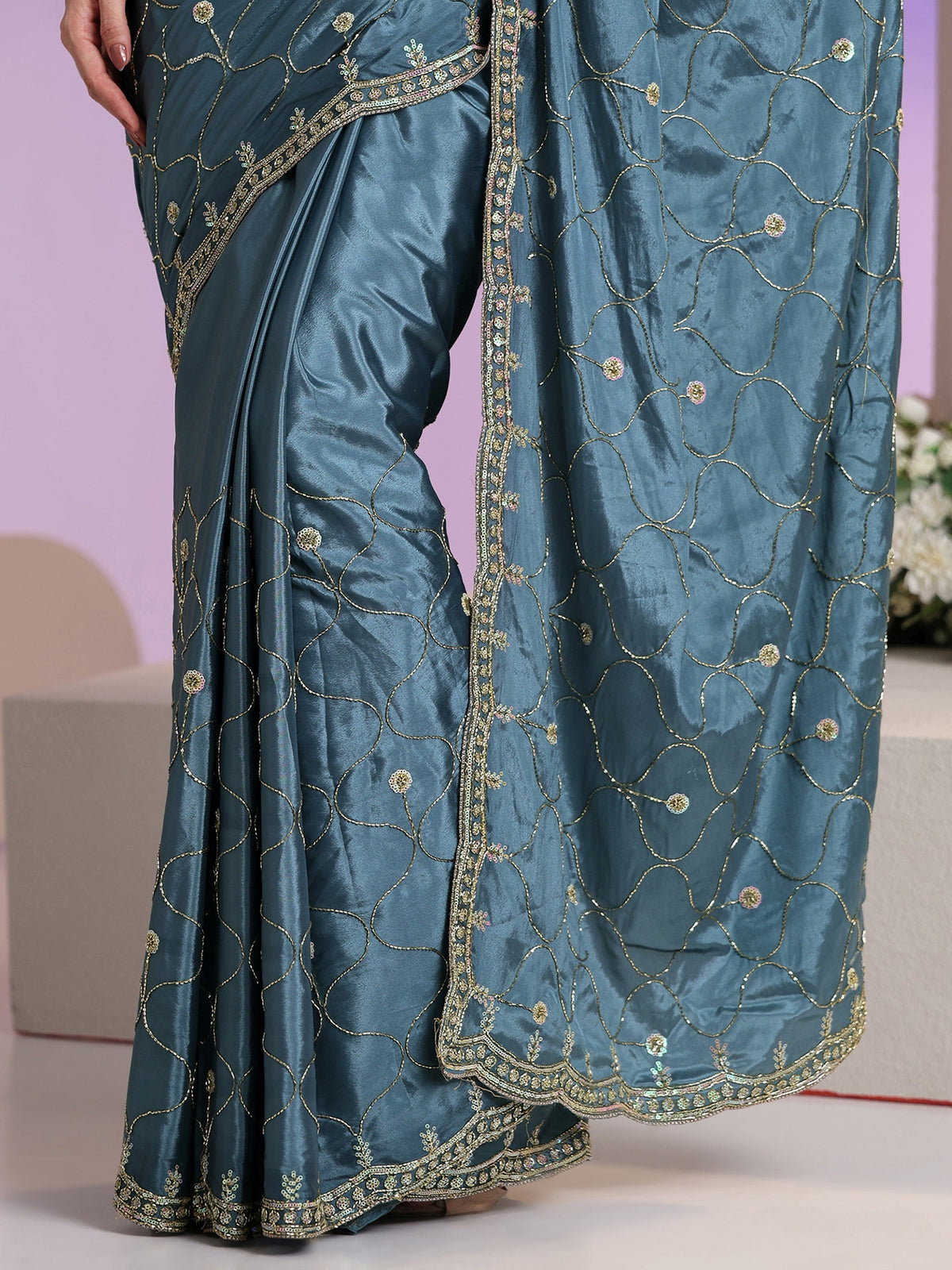 Anouk Dusty Blue Embellished Silk Blend Saree