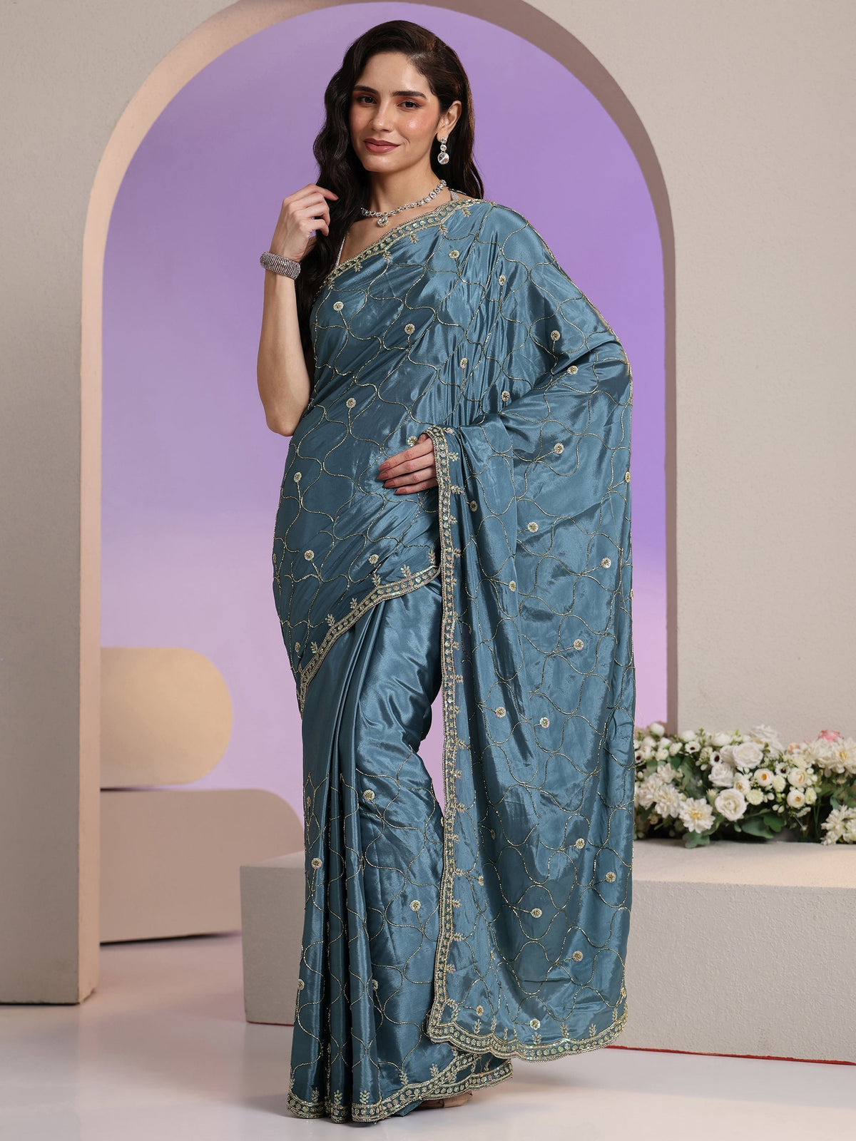 Anouk Dusty Blue Embellished Silk Blend Saree