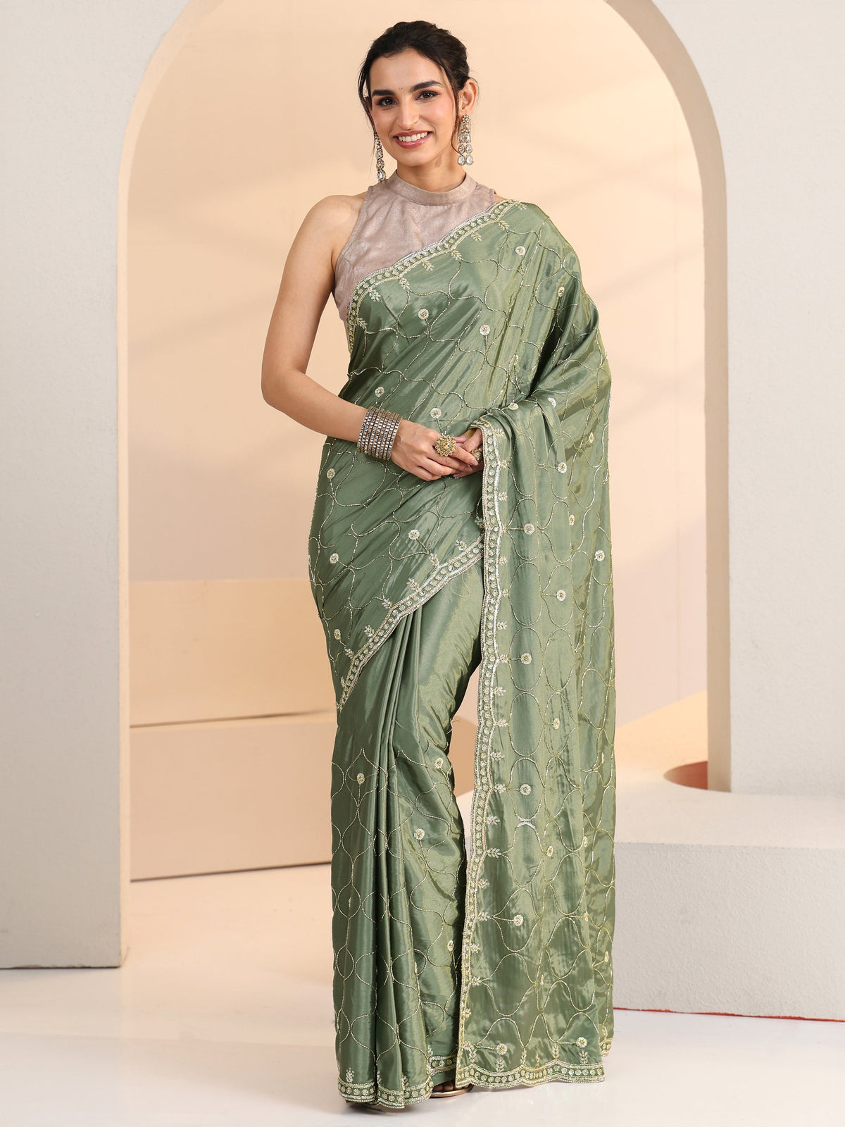 Anouk Sage Green Floral Embellished Silk Blend Saree