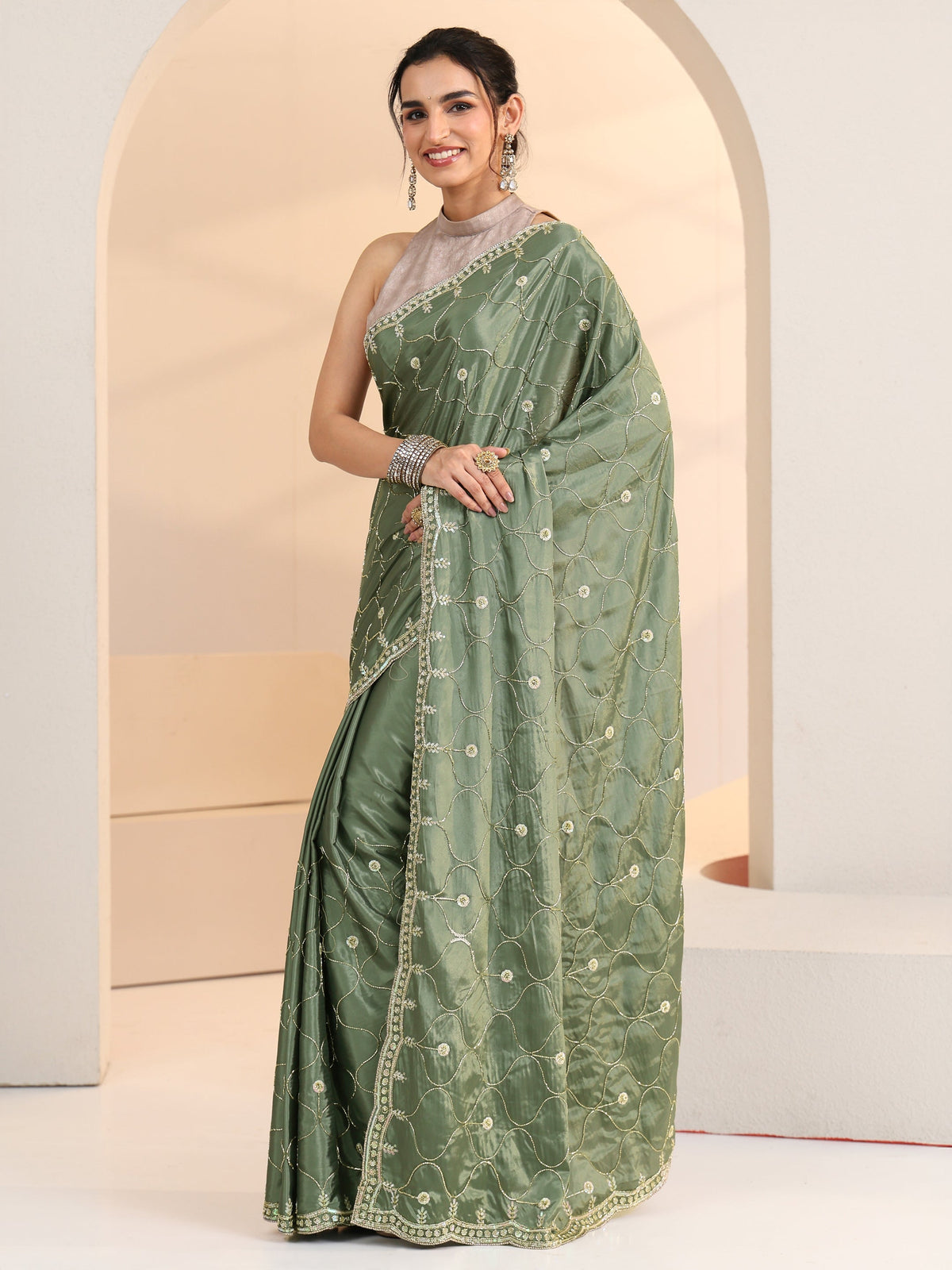 Anouk Sage Green Floral Embellished Silk Blend Saree