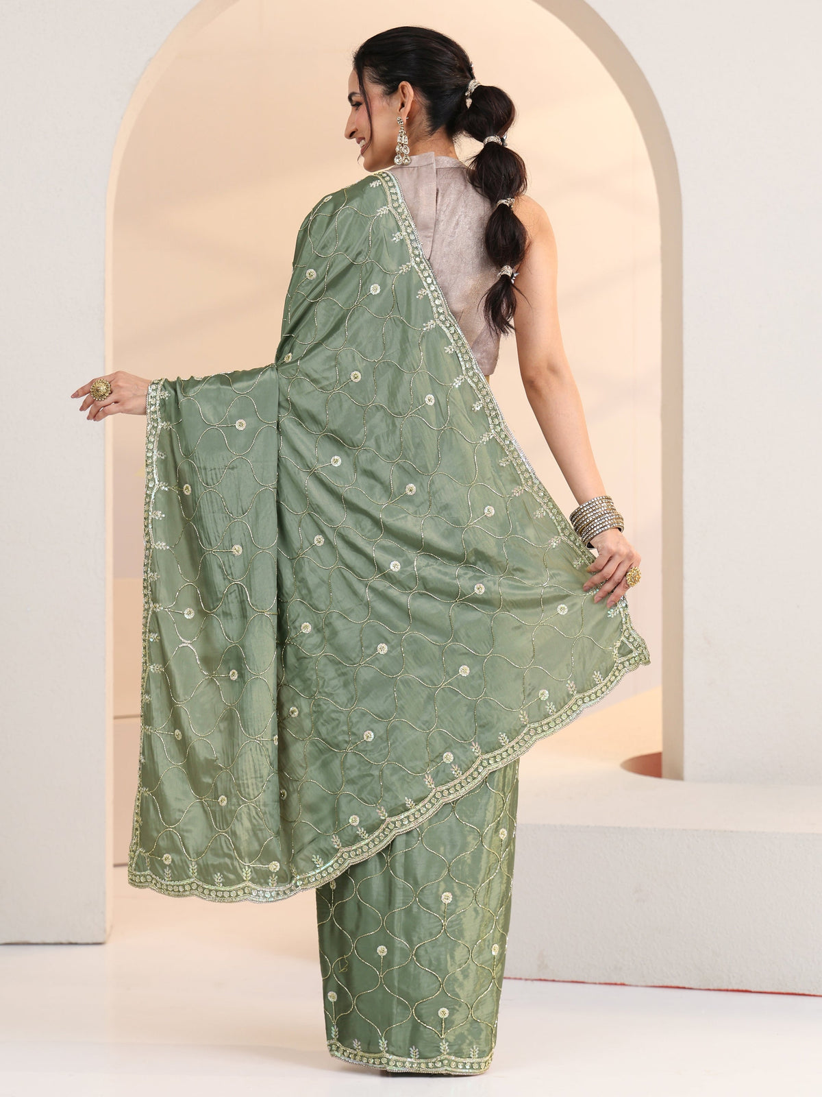 Anouk Sage Green Floral Embellished Silk Blend Saree