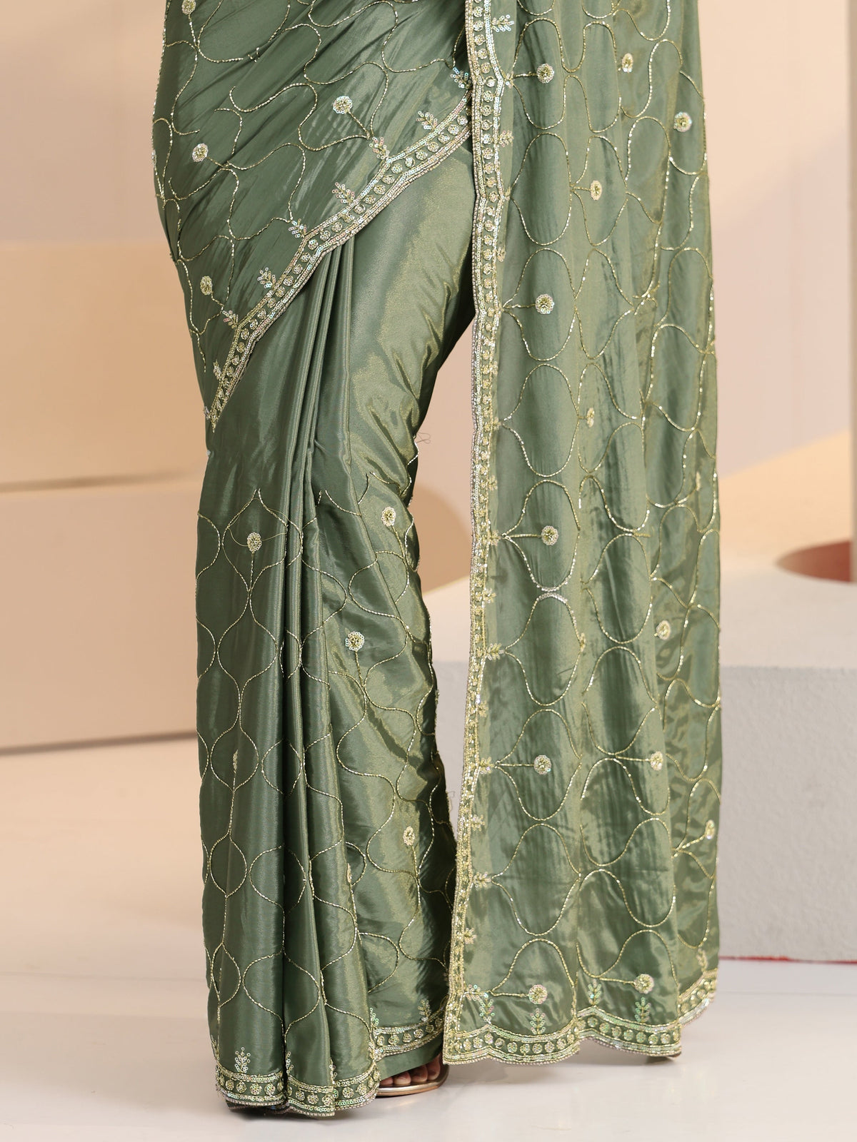 Anouk Sage Green Floral Embellished Silk Blend Saree