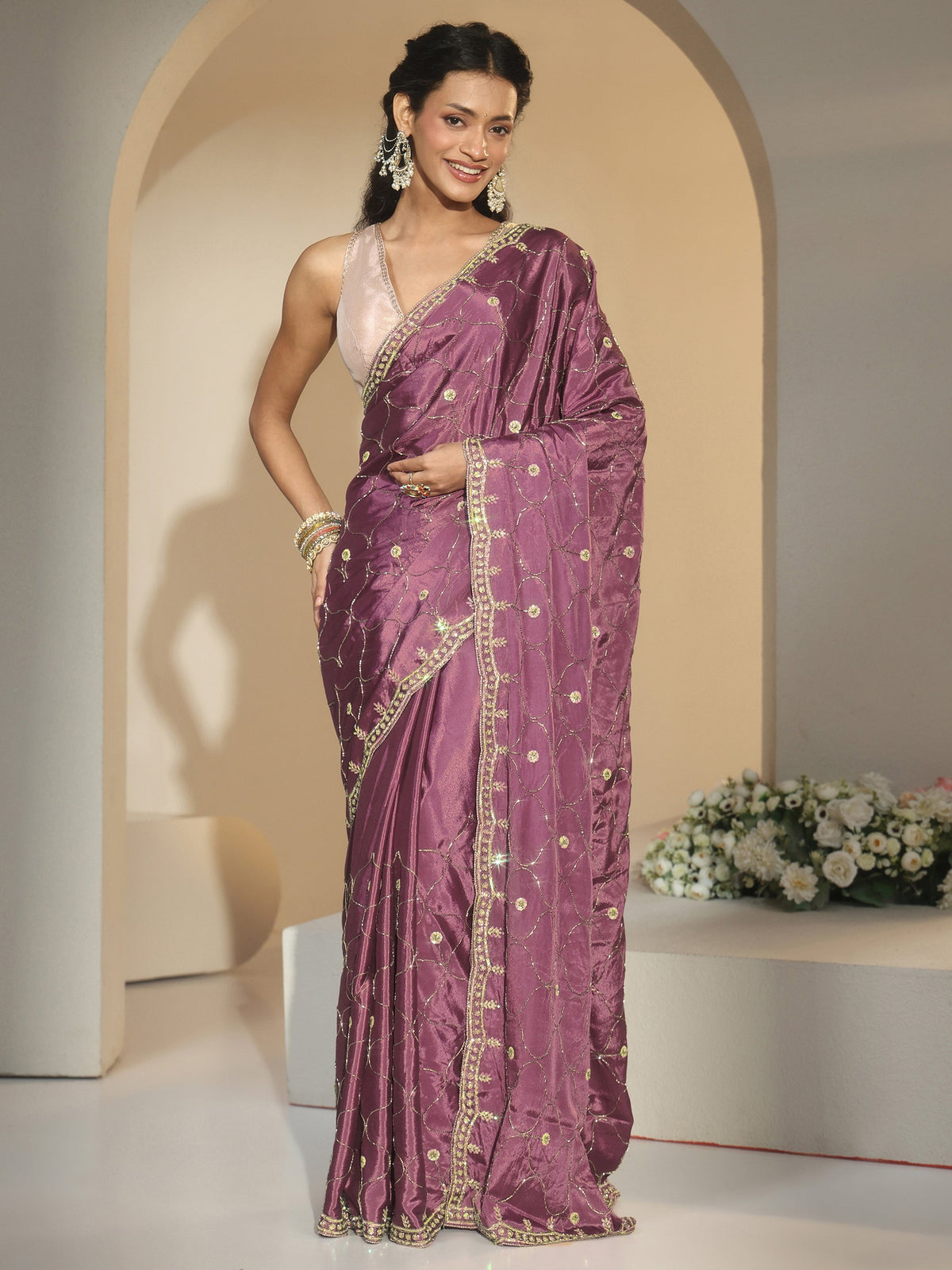 Anouk Mauve Embellished Silk Blend Saree