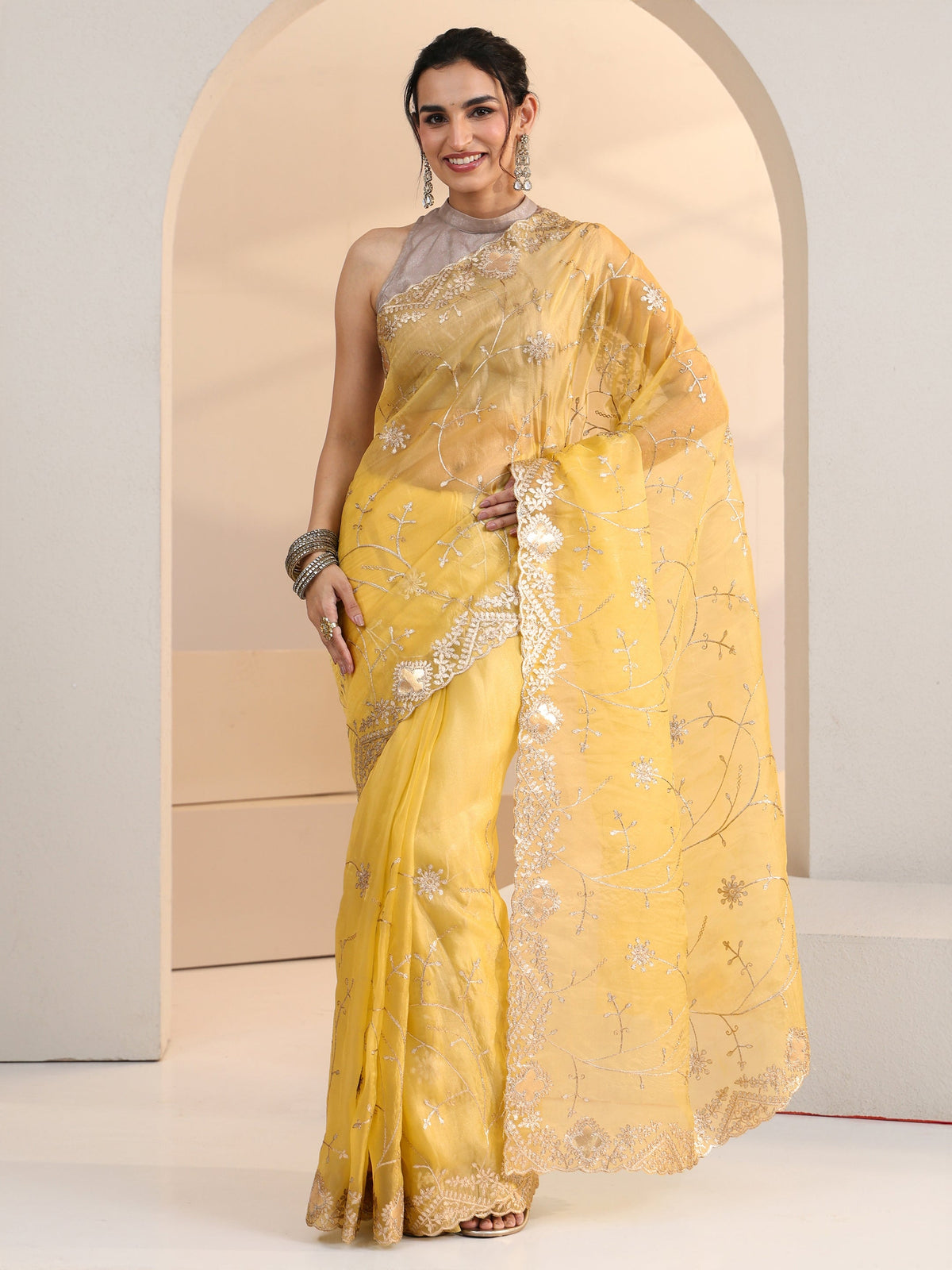 Anouk Yellow Floral Embroidered Tissue Saree