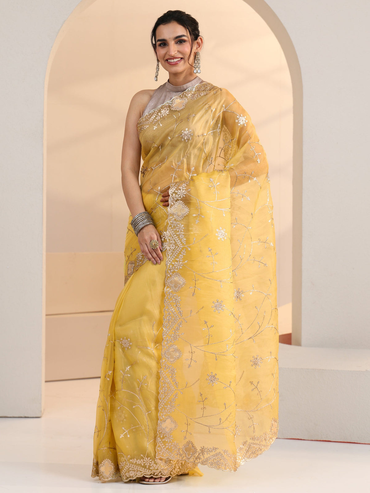 Anouk Yellow Floral Embroidered Tissue Saree