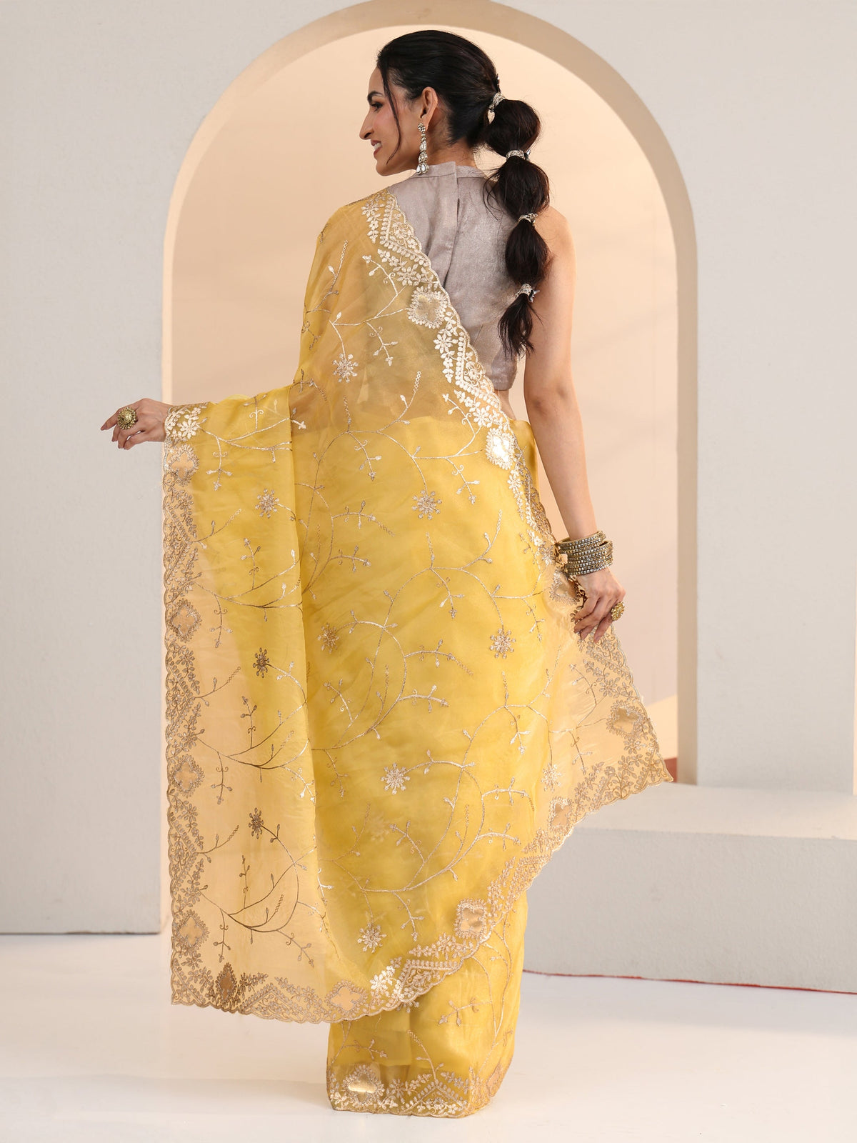Anouk Yellow Floral Embroidered Tissue Saree