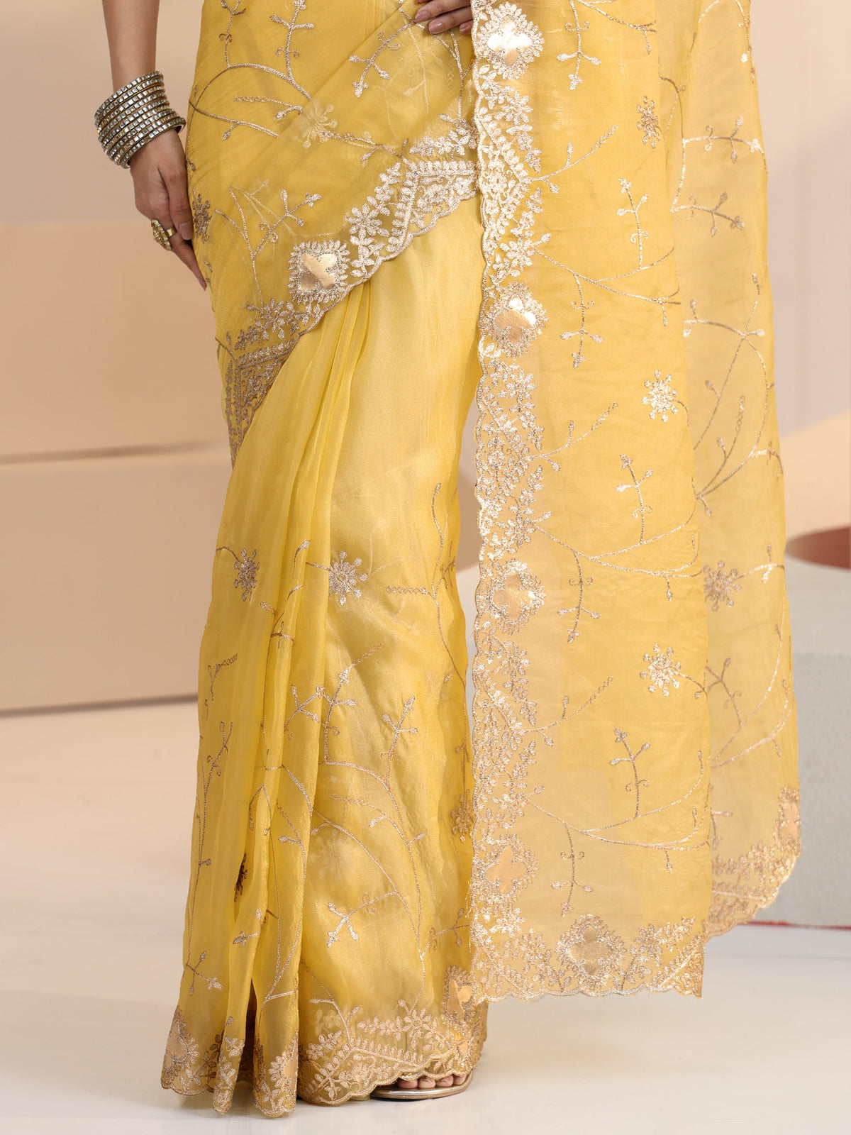 Anouk Yellow Floral Embroidered Tissue Saree