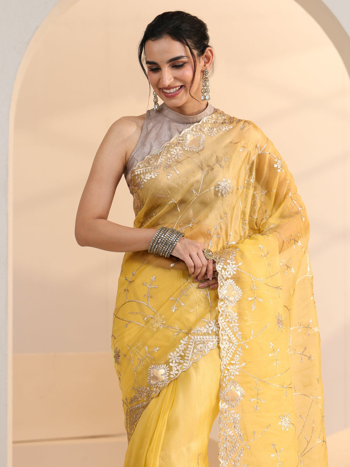 Anouk Yellow Floral Embroidered Tissue Saree