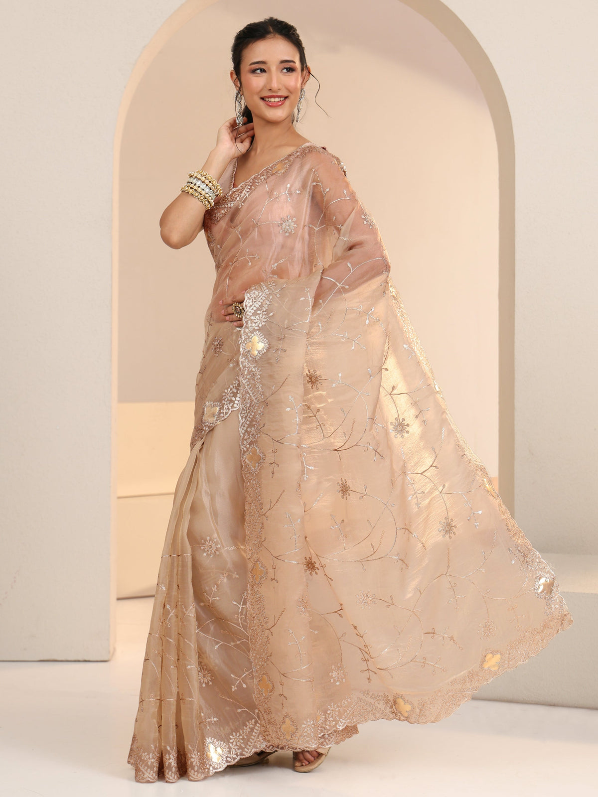Anouk Golden Floral Embroidered Tissue Saree