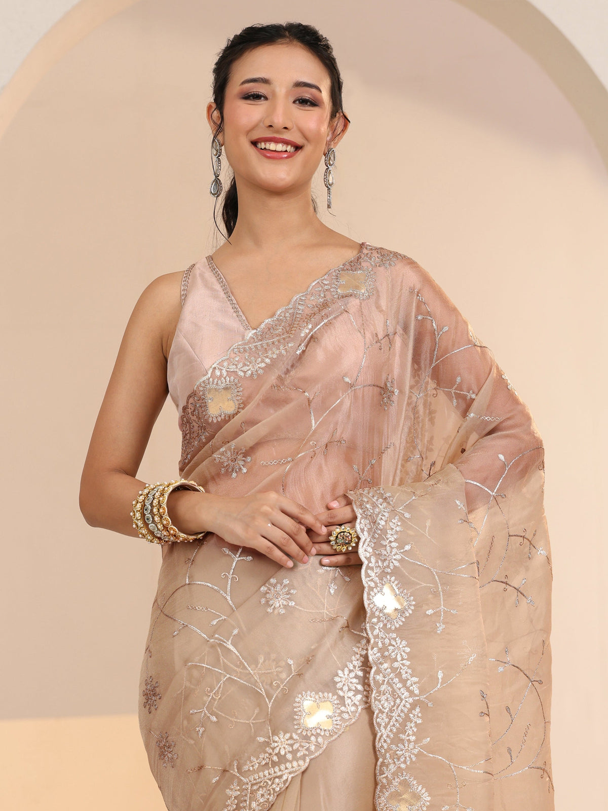 Anouk Golden Floral Embroidered Tissue Saree