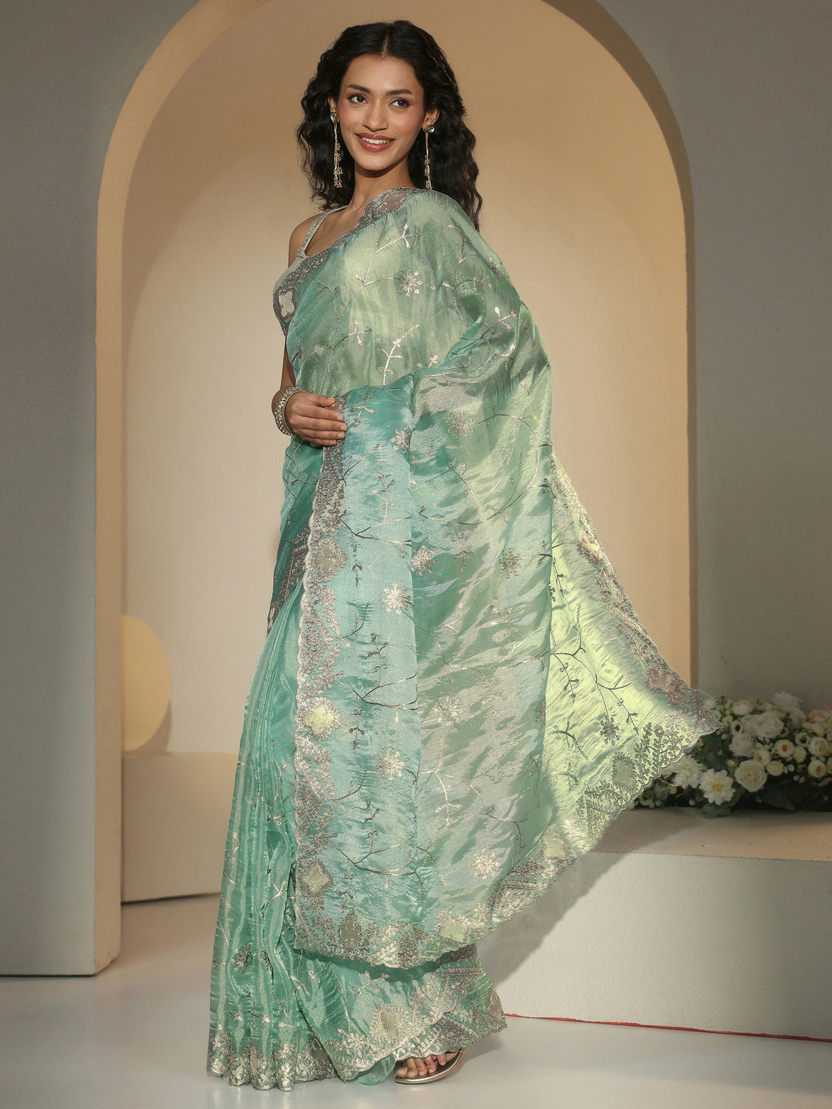 Anouk Sea Green Floral Embroidered Tissue Saree