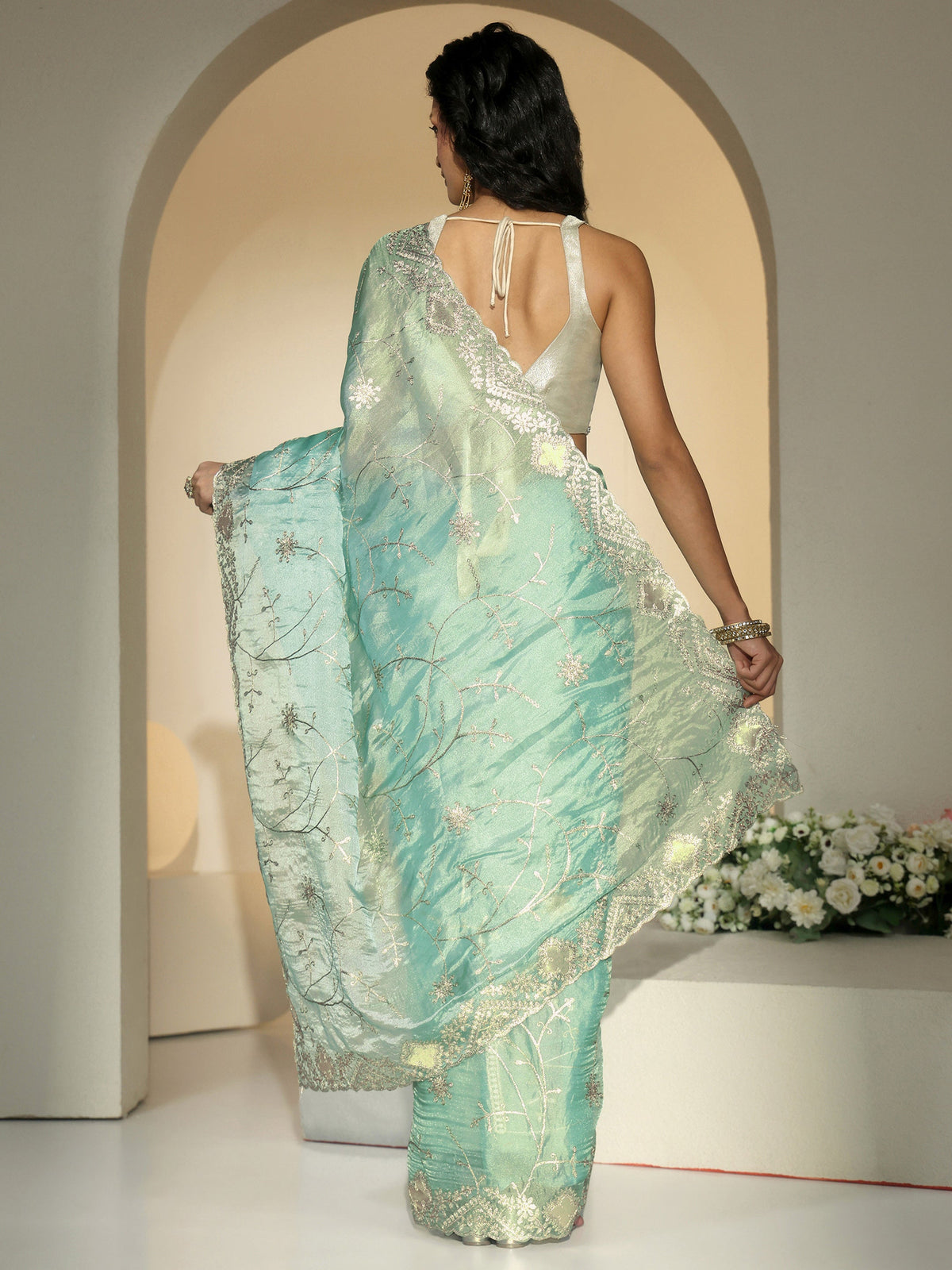 Anouk Sea Green Floral Embroidered Tissue Saree