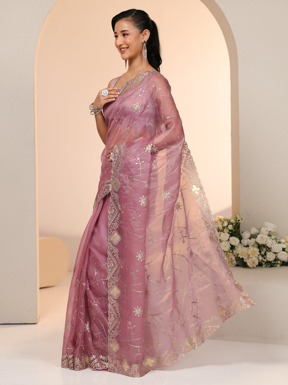 Anouk Dusty Rose Pink Floral Embroidered Tissue Saree