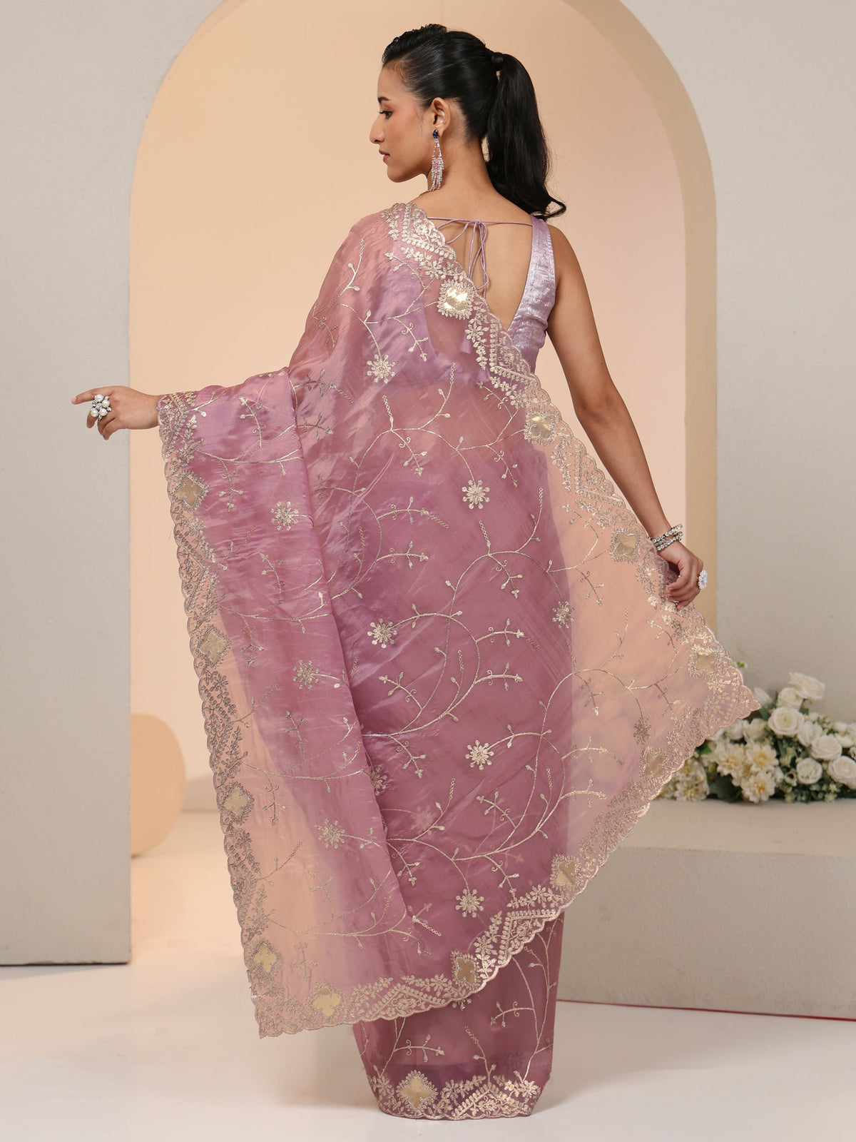 Anouk Dusty Rose Pink Floral Embroidered Tissue Saree