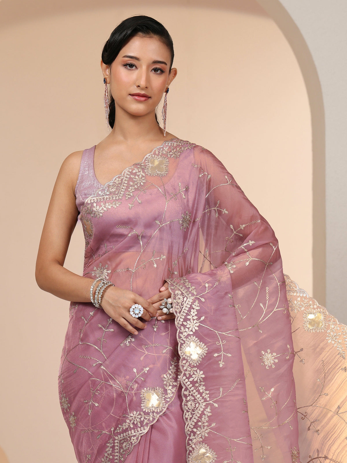 Anouk Dusty Rose Pink Floral Embroidered Tissue Saree