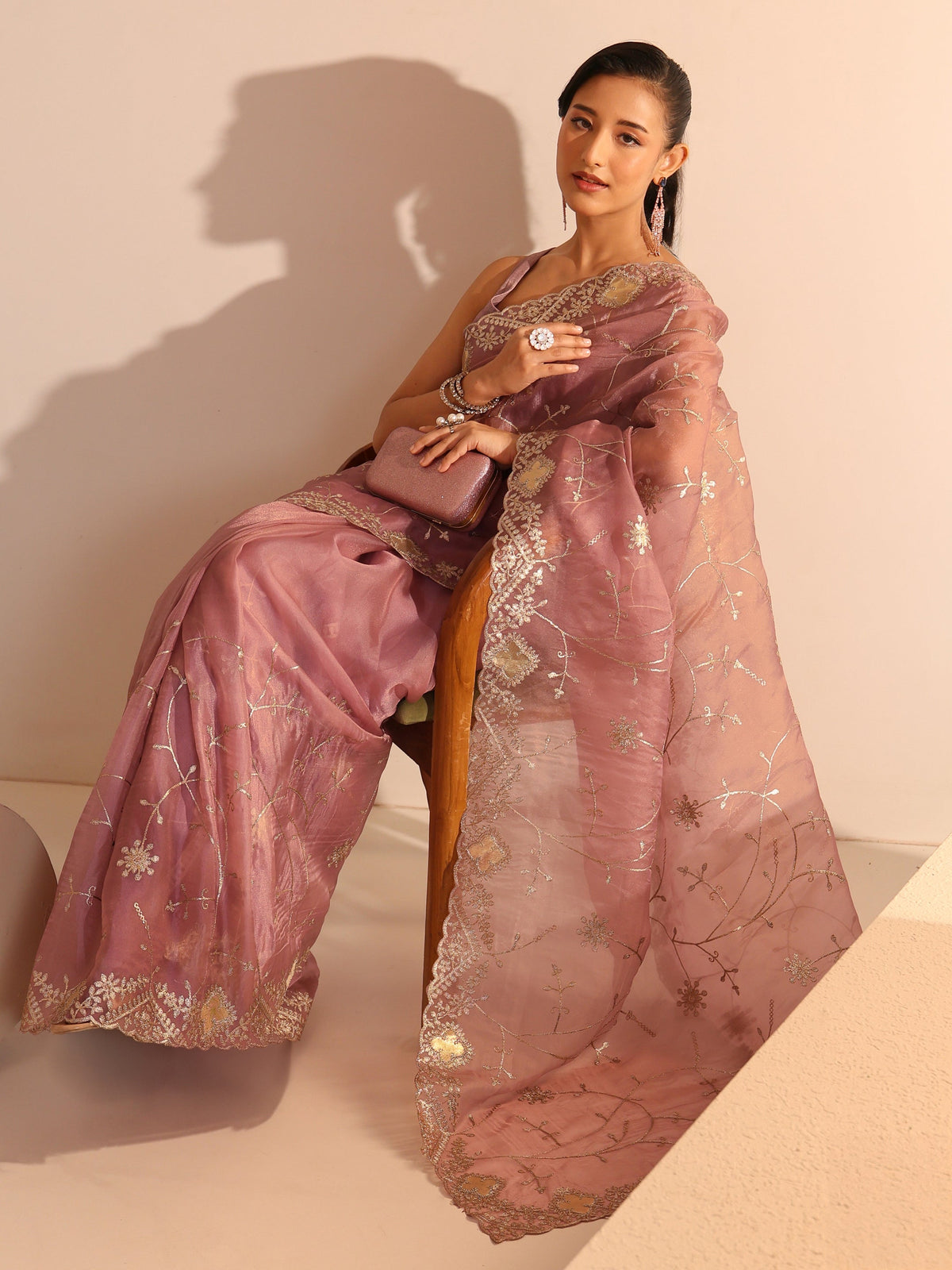 Anouk Dusty Rose Pink Floral Embroidered Tissue Saree