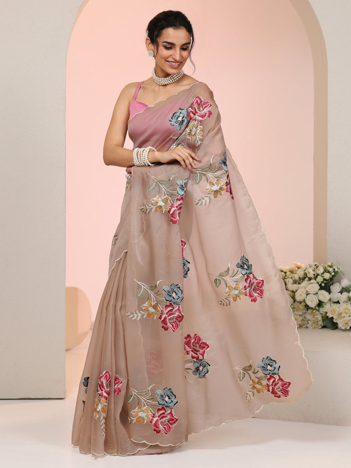 Anouk Beige Floral Embroidered Tissue Saree with Scalloped Border