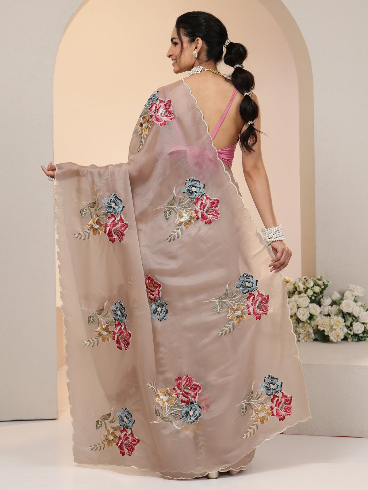 Anouk Beige Floral Embroidered Tissue Saree with Scalloped Border