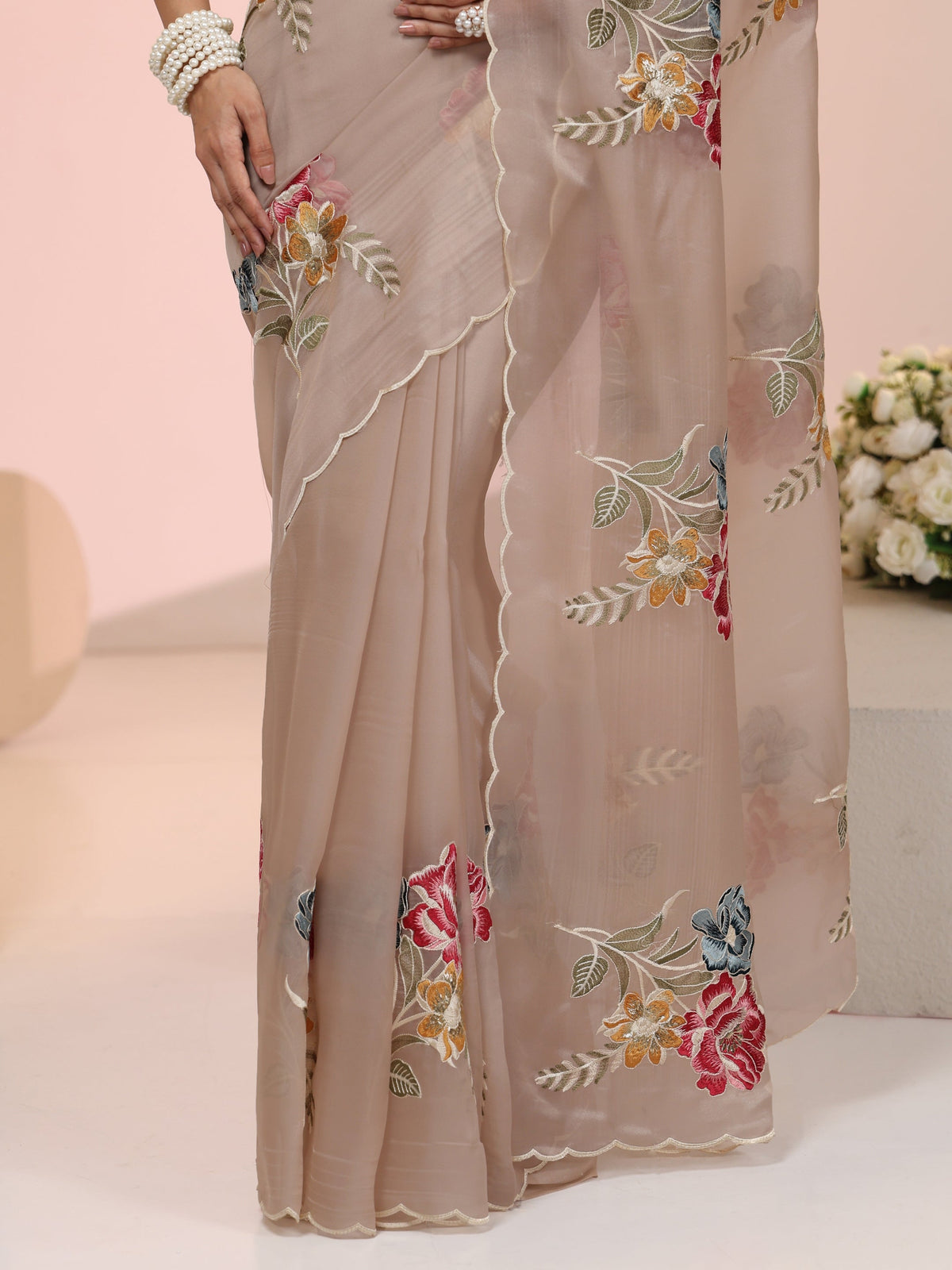 Anouk Beige Floral Embroidered Tissue Saree with Scalloped Border