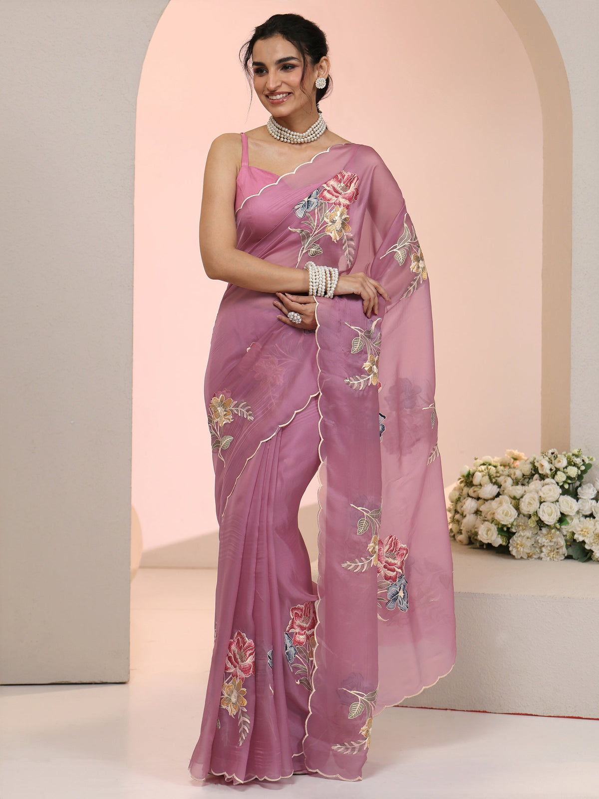 Anouk Mauve Floral Embroidered Tissue Saree with Scalloped Border