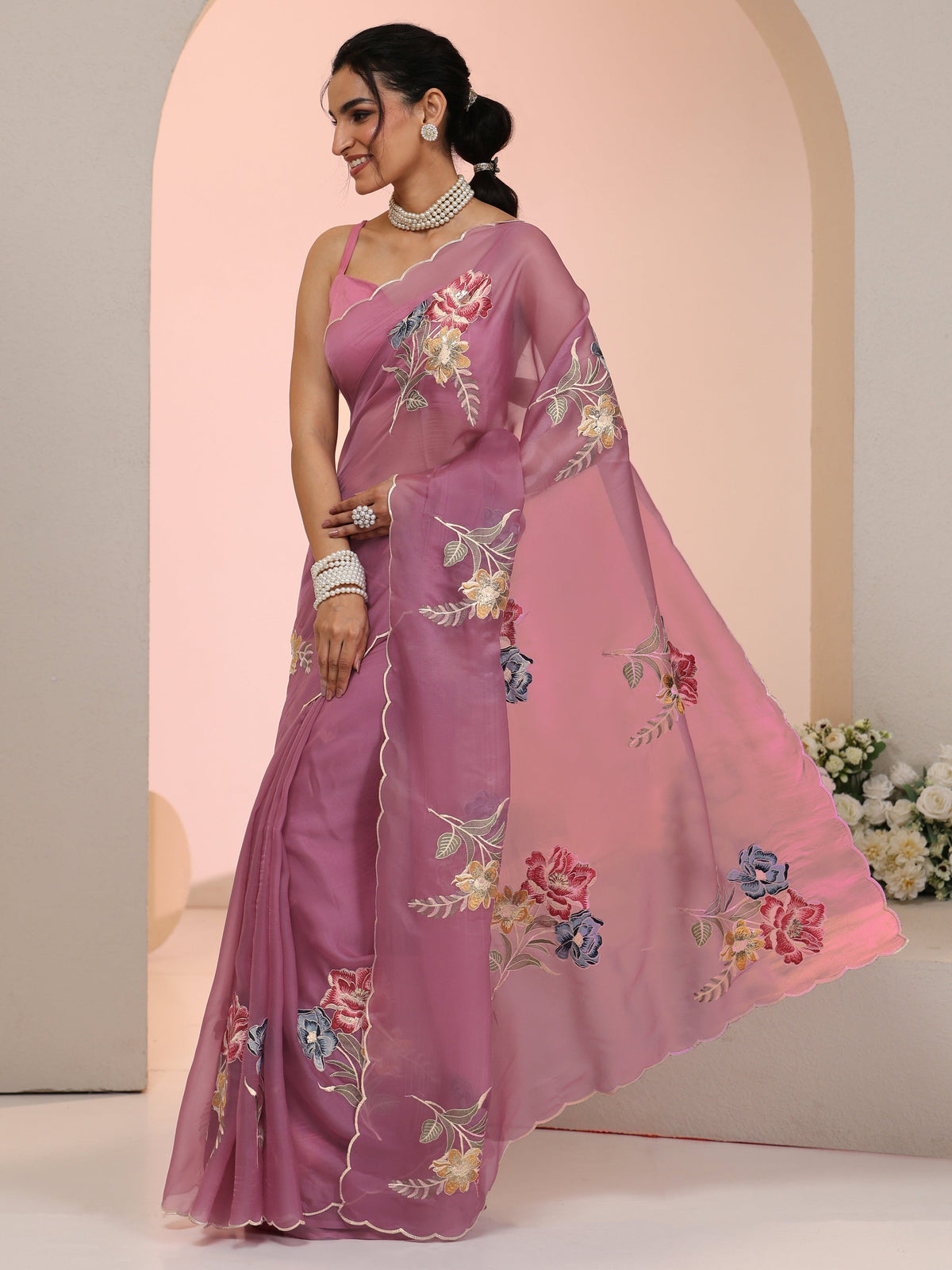 Anouk Mauve Floral Embroidered Tissue Saree with Scalloped Border