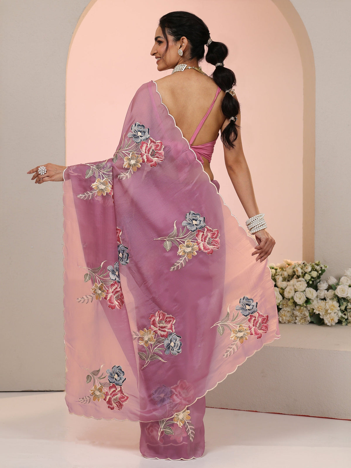 Anouk Mauve Floral Embroidered Tissue Saree with Scalloped Border