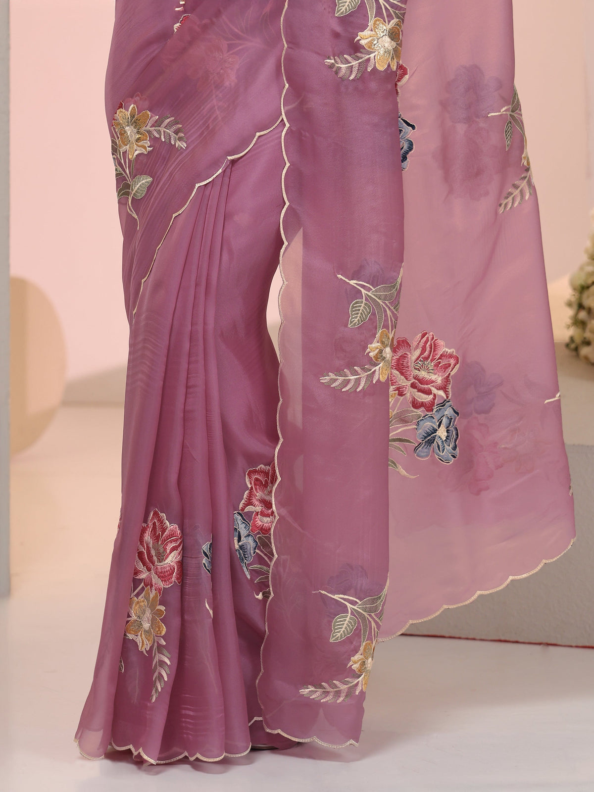 Anouk Mauve Floral Embroidered Tissue Saree with Scalloped Border