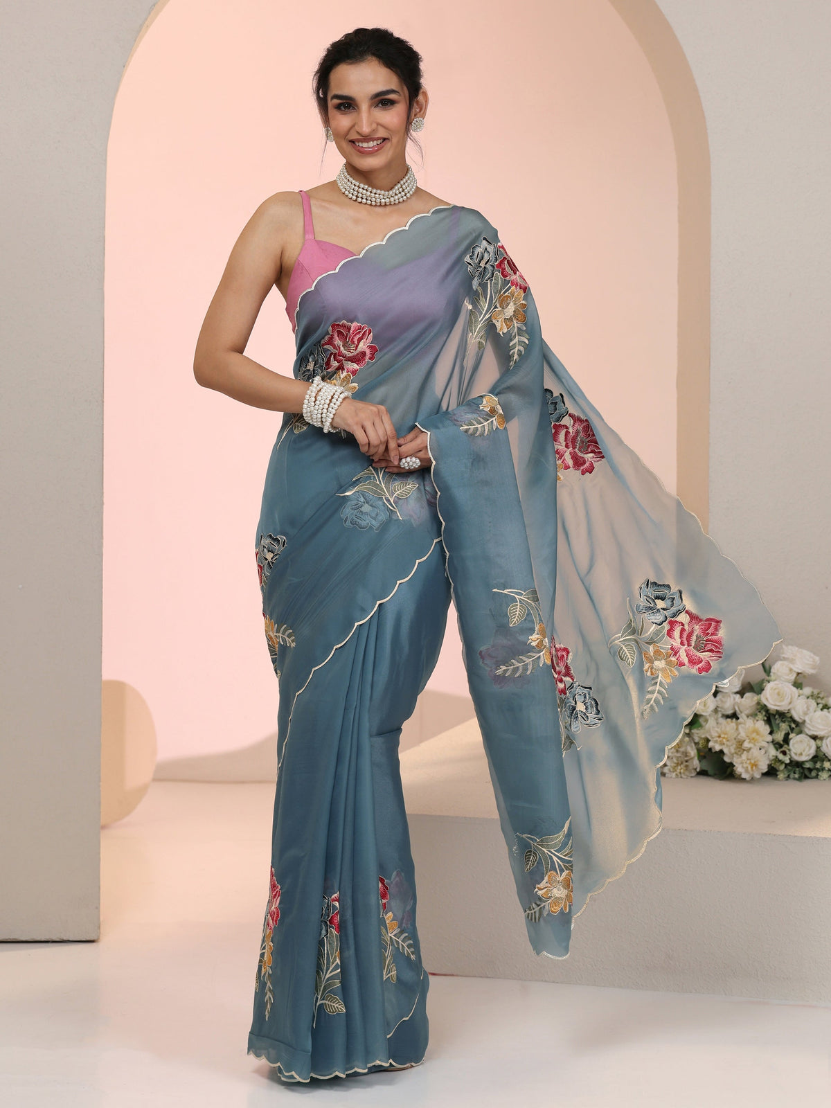 Anouk Steel Blue Floral Embroidered Tissue Saree with Scalloped Border
