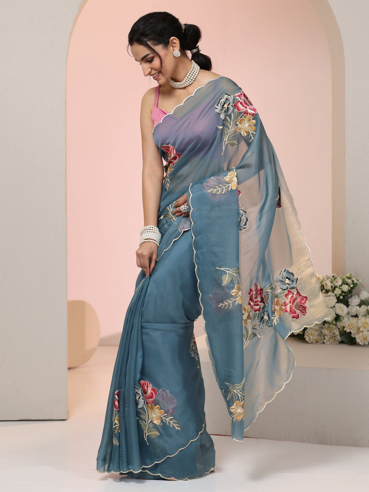 Anouk Steel Blue Floral Embroidered Tissue Saree with Scalloped Border