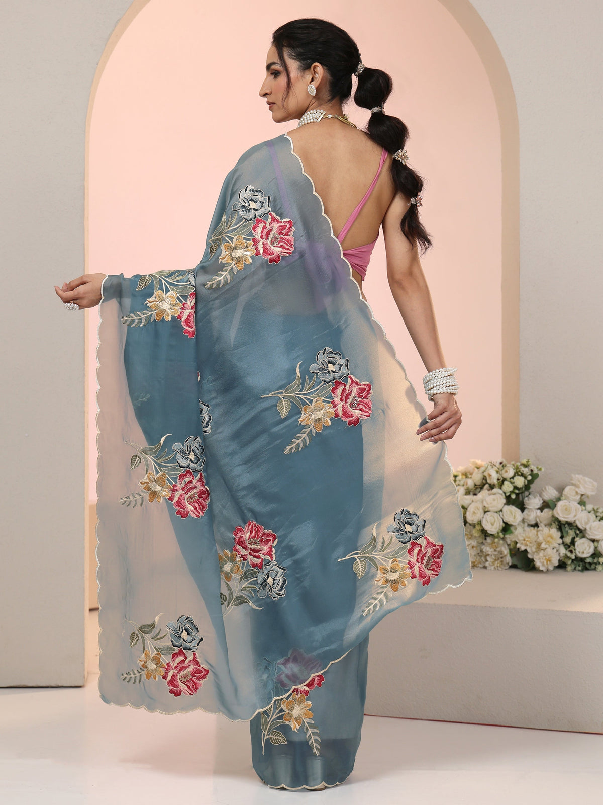 Anouk Steel Blue Floral Embroidered Tissue Saree with Scalloped Border