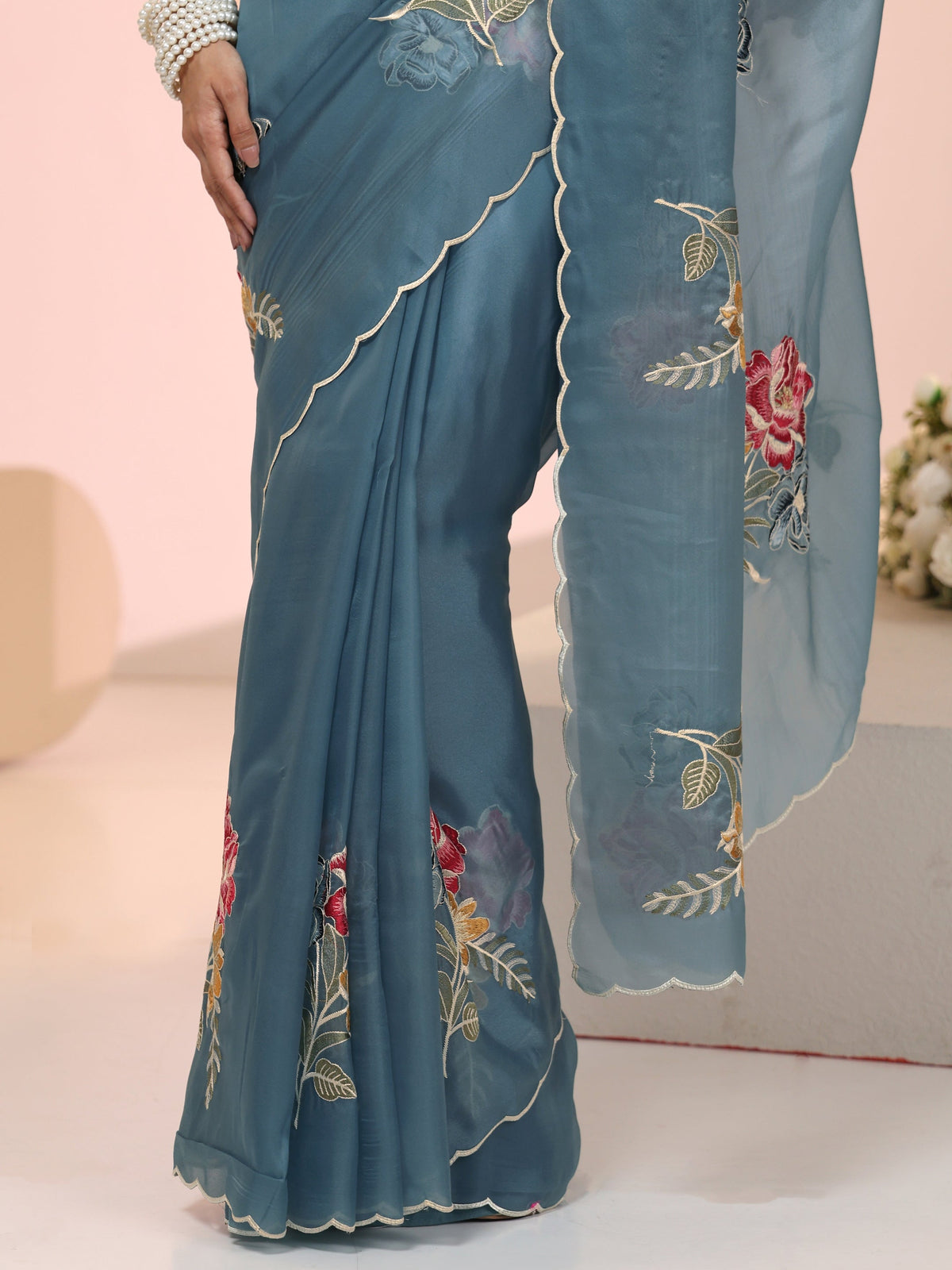 Anouk Steel Blue Floral Embroidered Tissue Saree with Scalloped Border