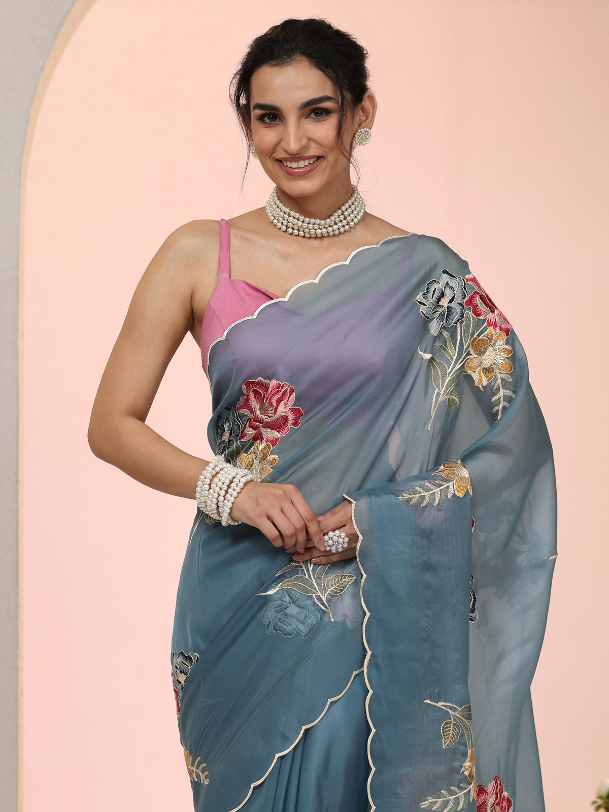 Anouk Steel Blue Floral Embroidered Tissue Saree with Scalloped Border