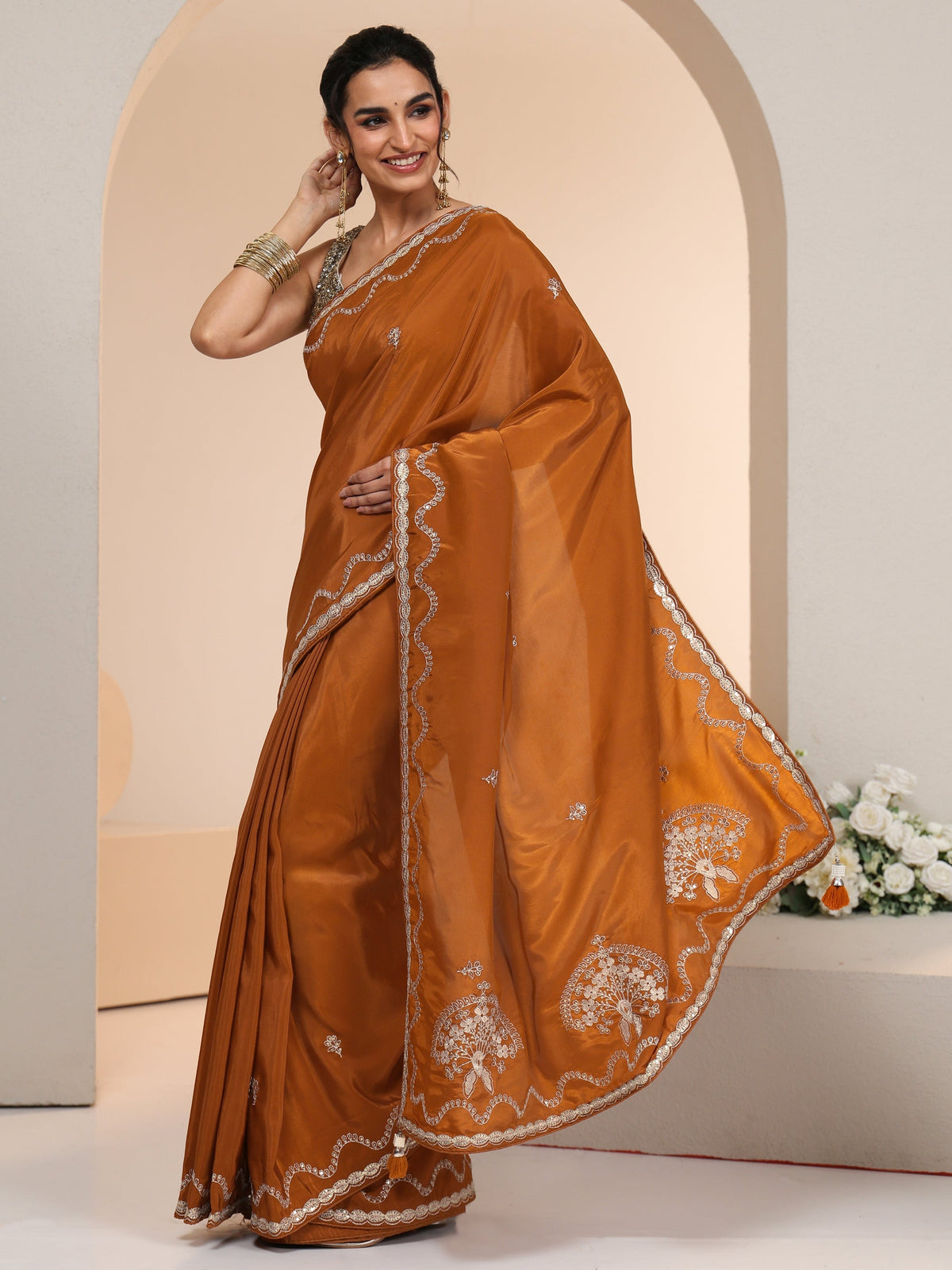 Anouk Rust Embroidered Silk Blend Saree