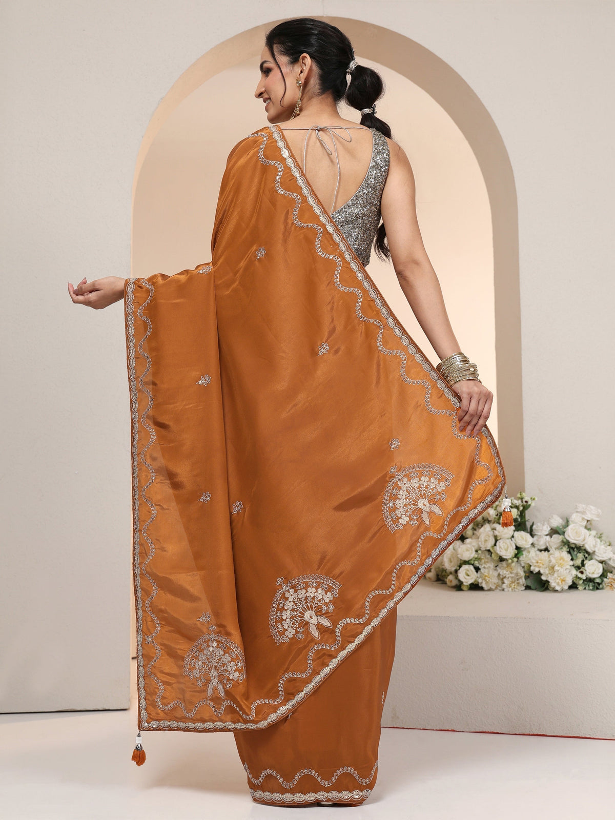 Anouk Rust Embroidered Silk Blend Saree