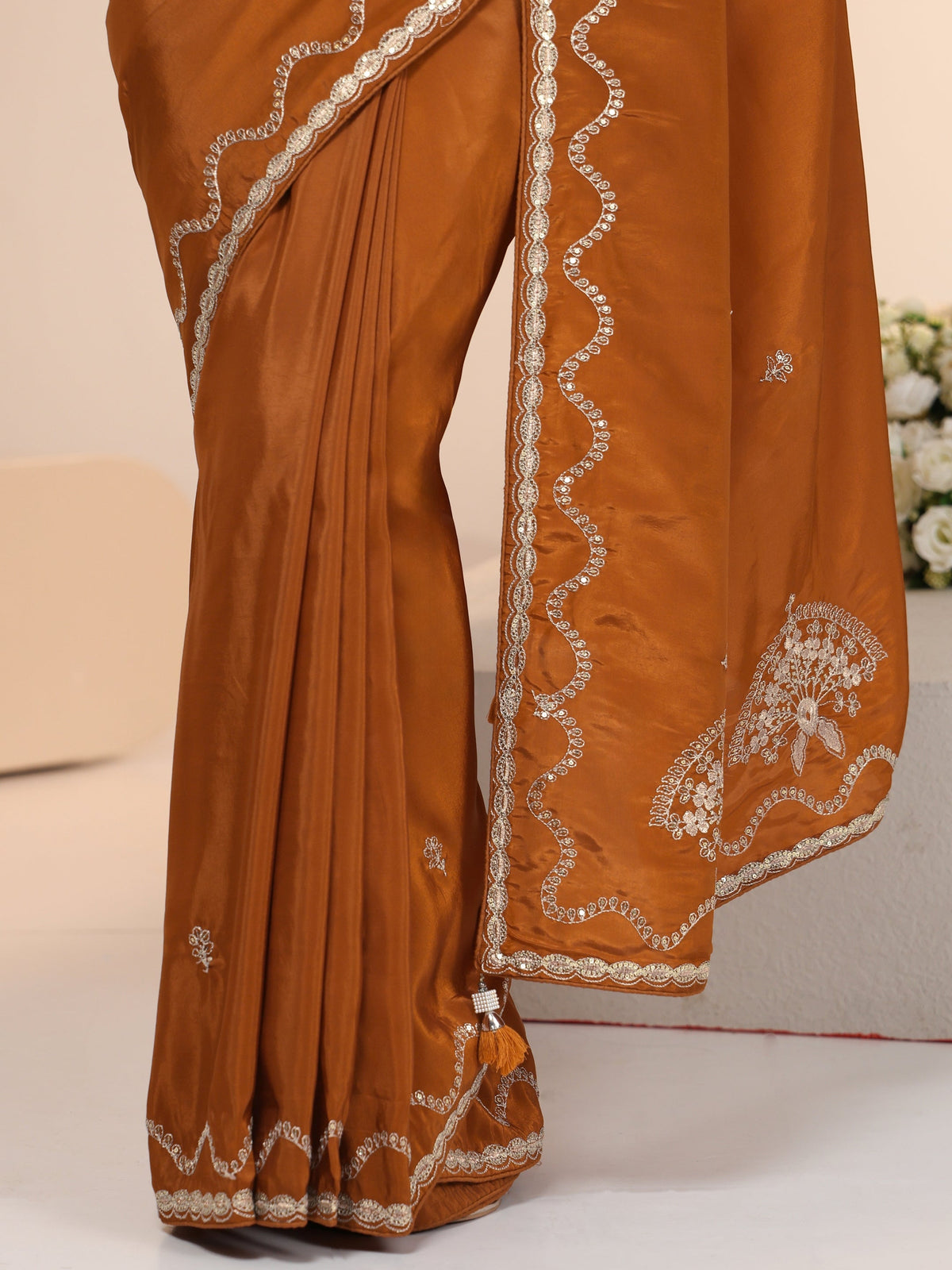 Anouk Rust Embroidered Silk Blend Saree