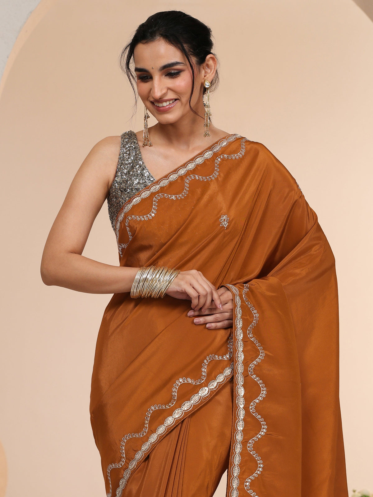 Anouk Rust Embroidered Silk Blend Saree