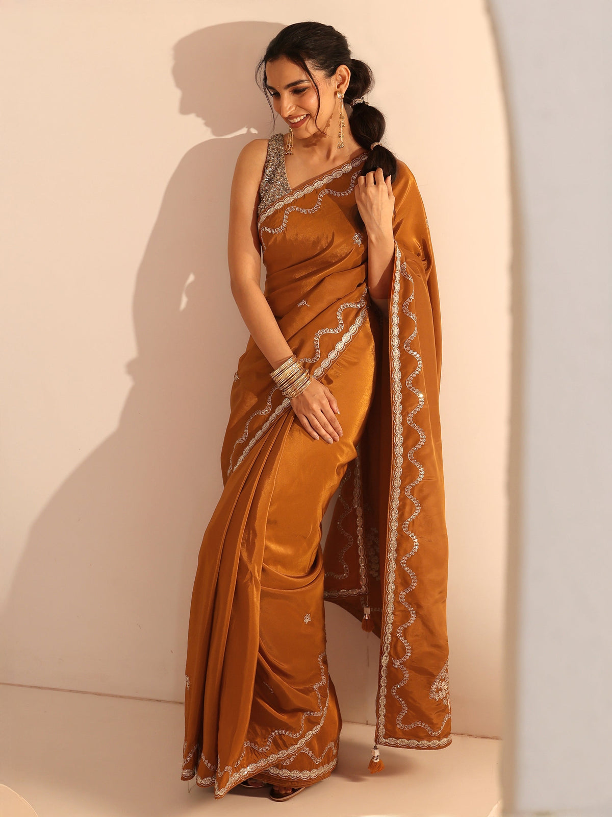 Anouk Rust Embroidered Silk Blend Saree