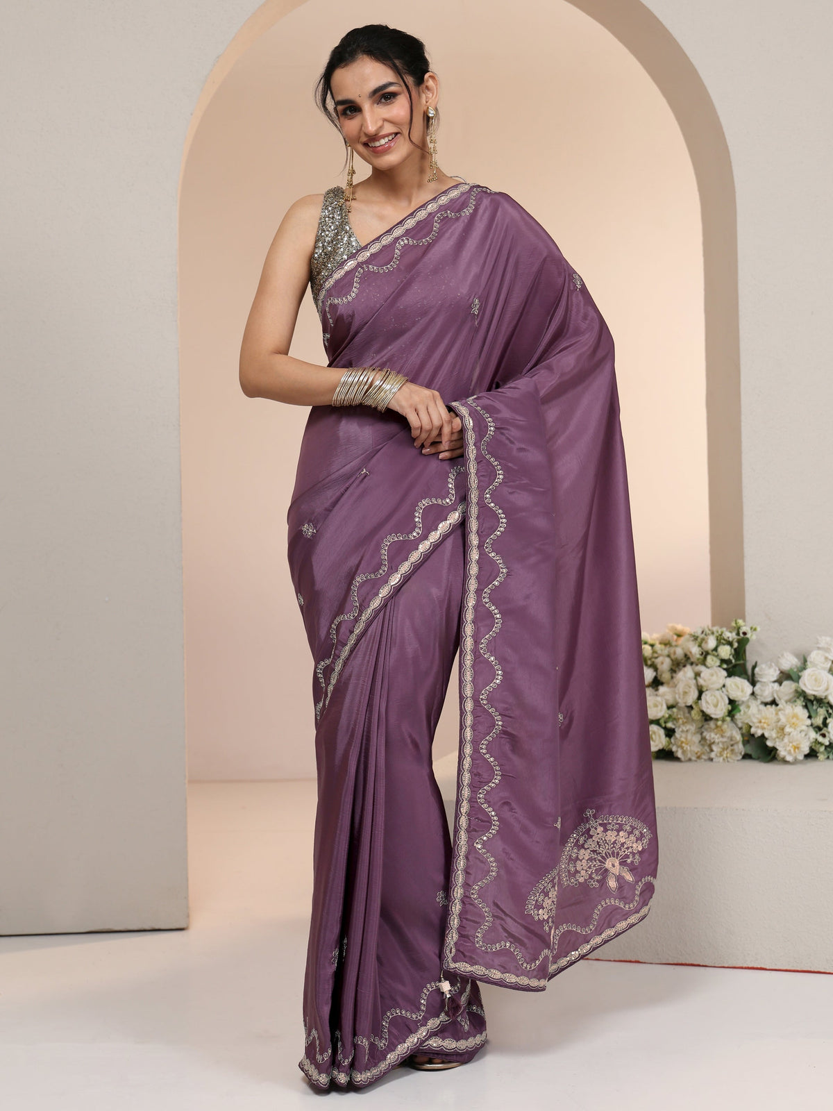 Anouk Dusty Plum Purple Embroidered Silk Blend Saree