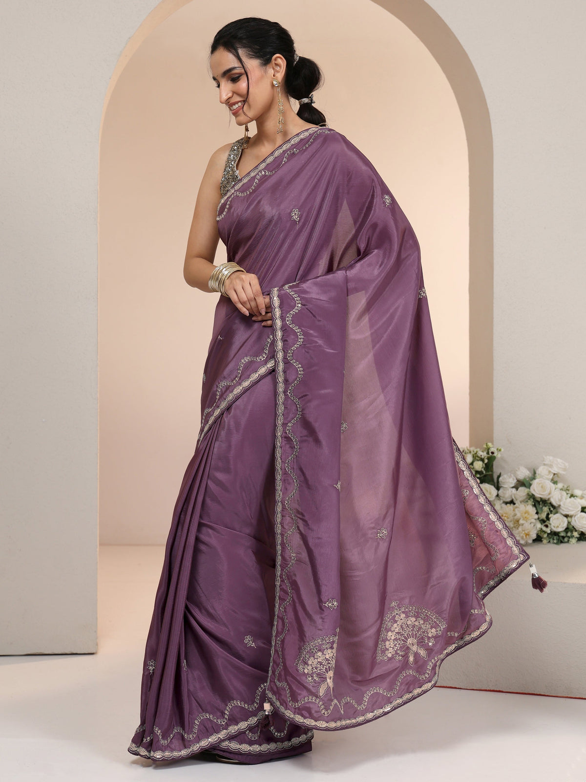 Anouk Dusty Plum Purple Embroidered Silk Blend Saree