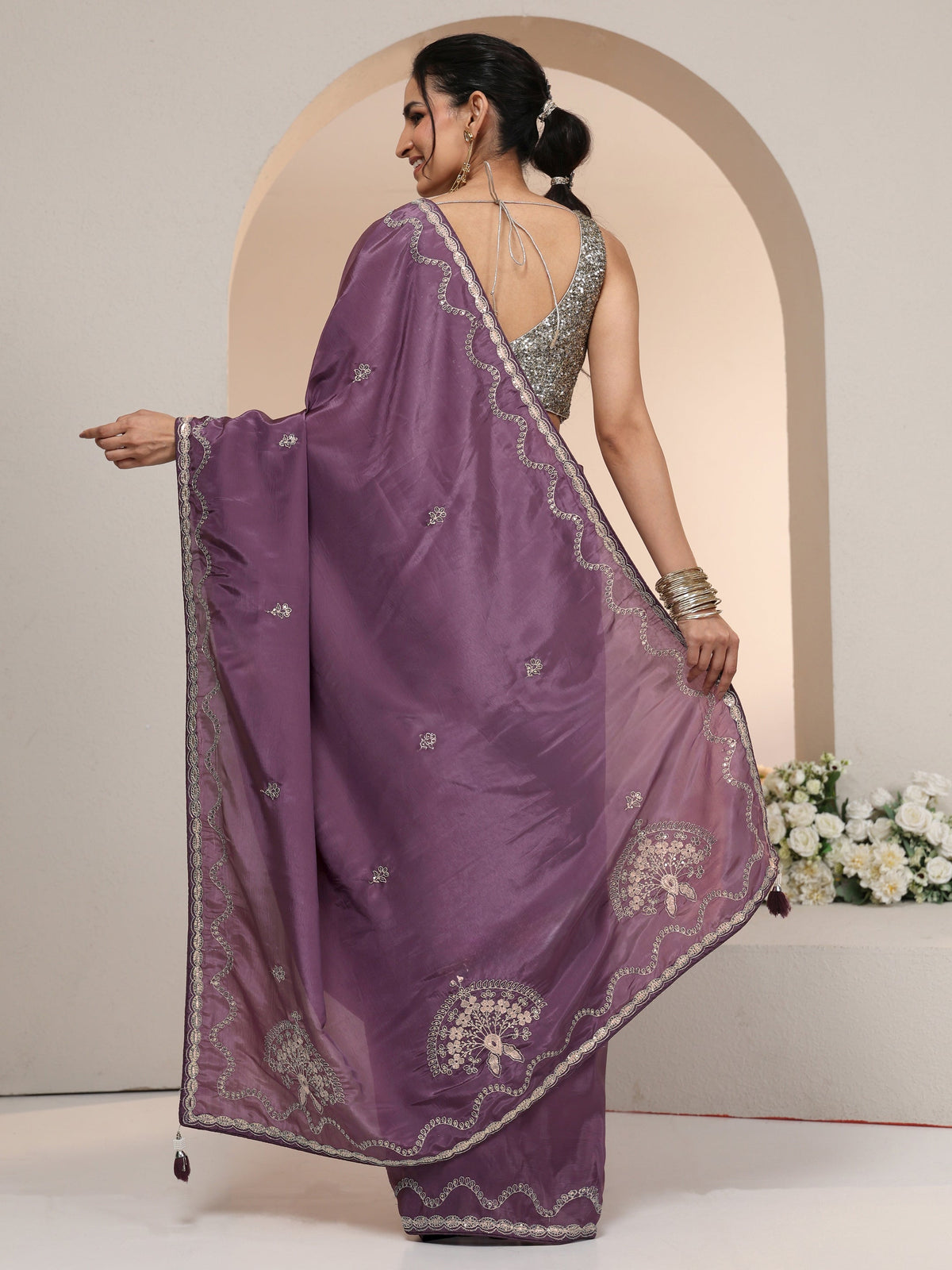 Anouk Dusty Plum Purple Embroidered Silk Blend Saree