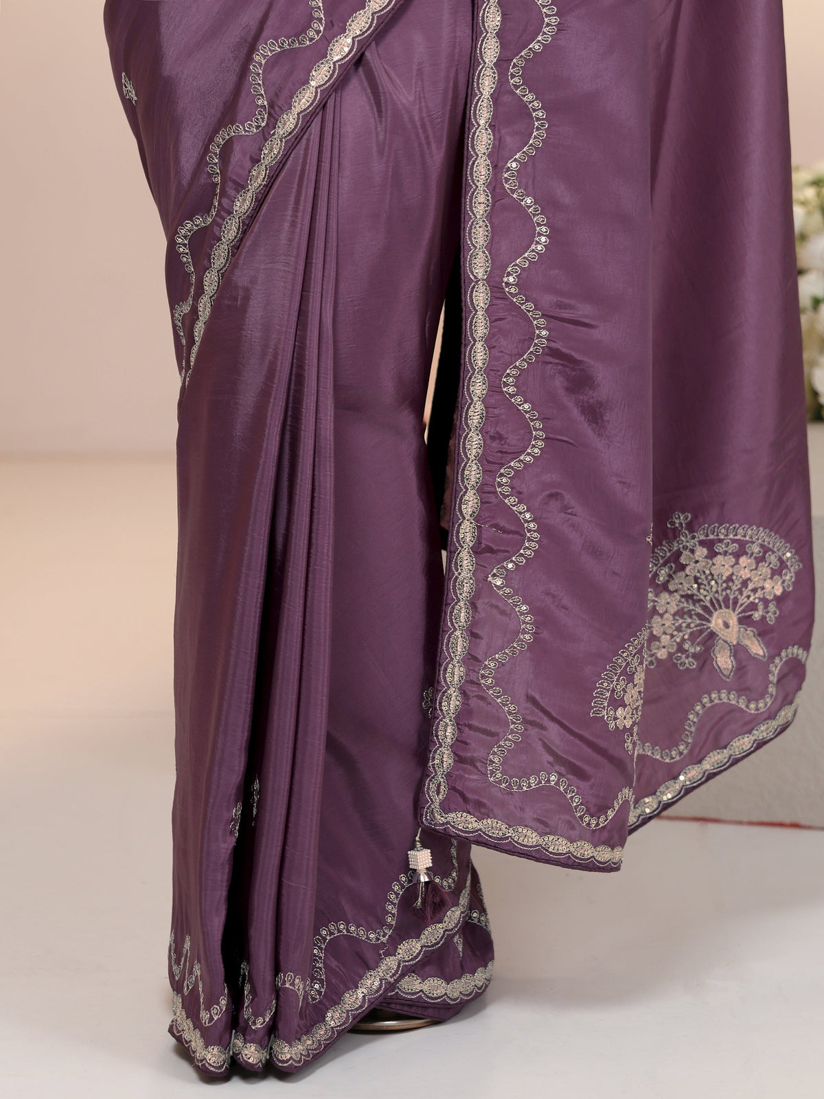 Anouk Dusty Plum Purple Embroidered Silk Blend Saree