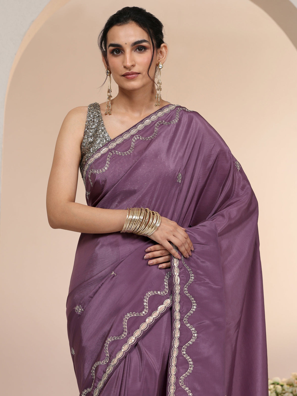 Anouk Dusty Plum Purple Embroidered Silk Blend Saree