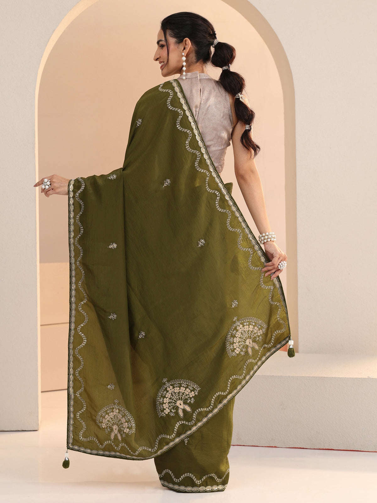 Anouk Henna Green Embroidered Silk Blend Saree