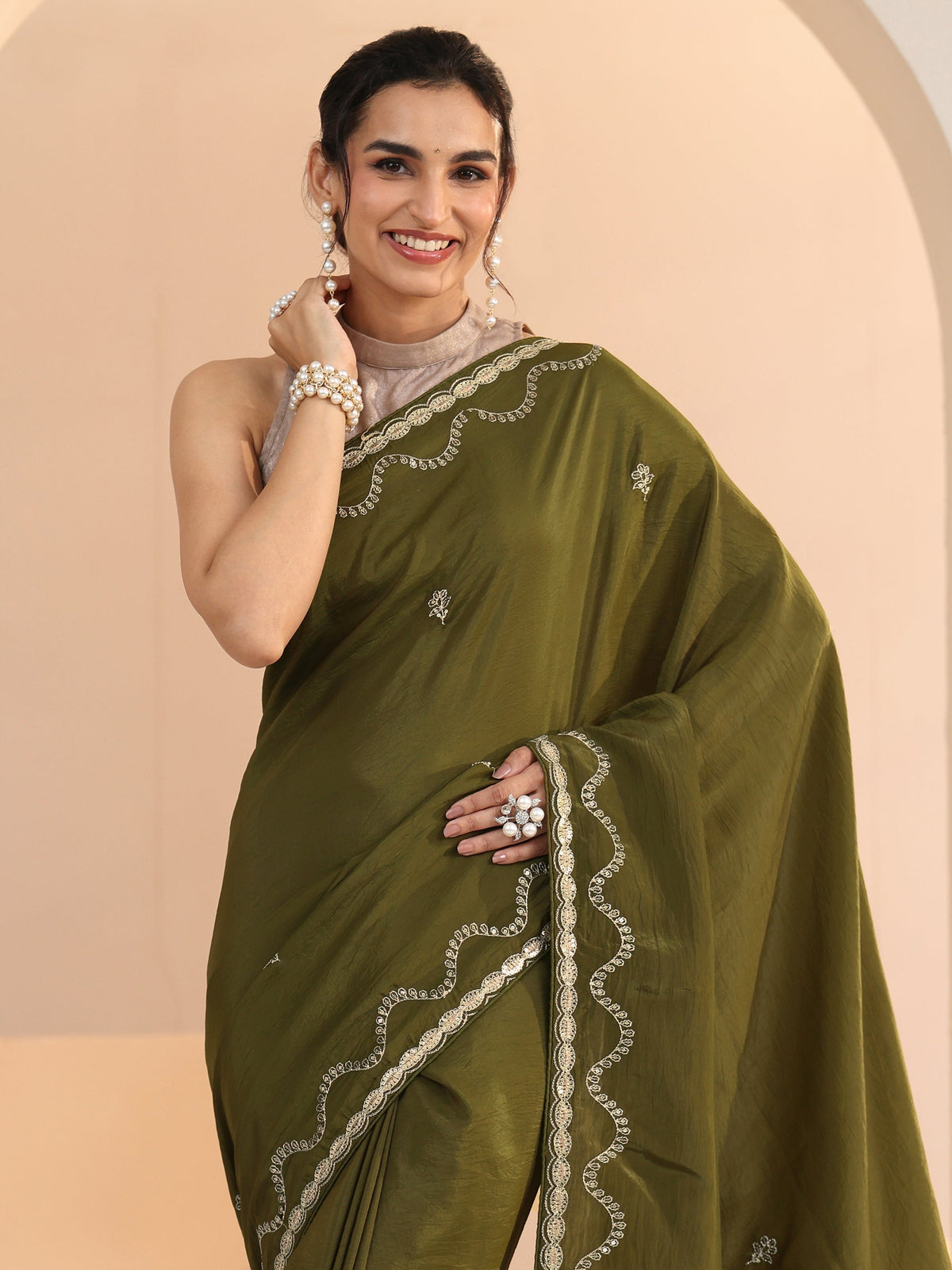 Anouk Henna Green Embroidered Silk Blend Saree