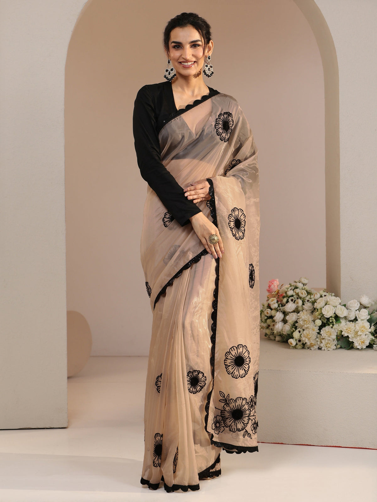 Anouk Beige Floral Embroidered Tissue Saree with Scalloped Border
