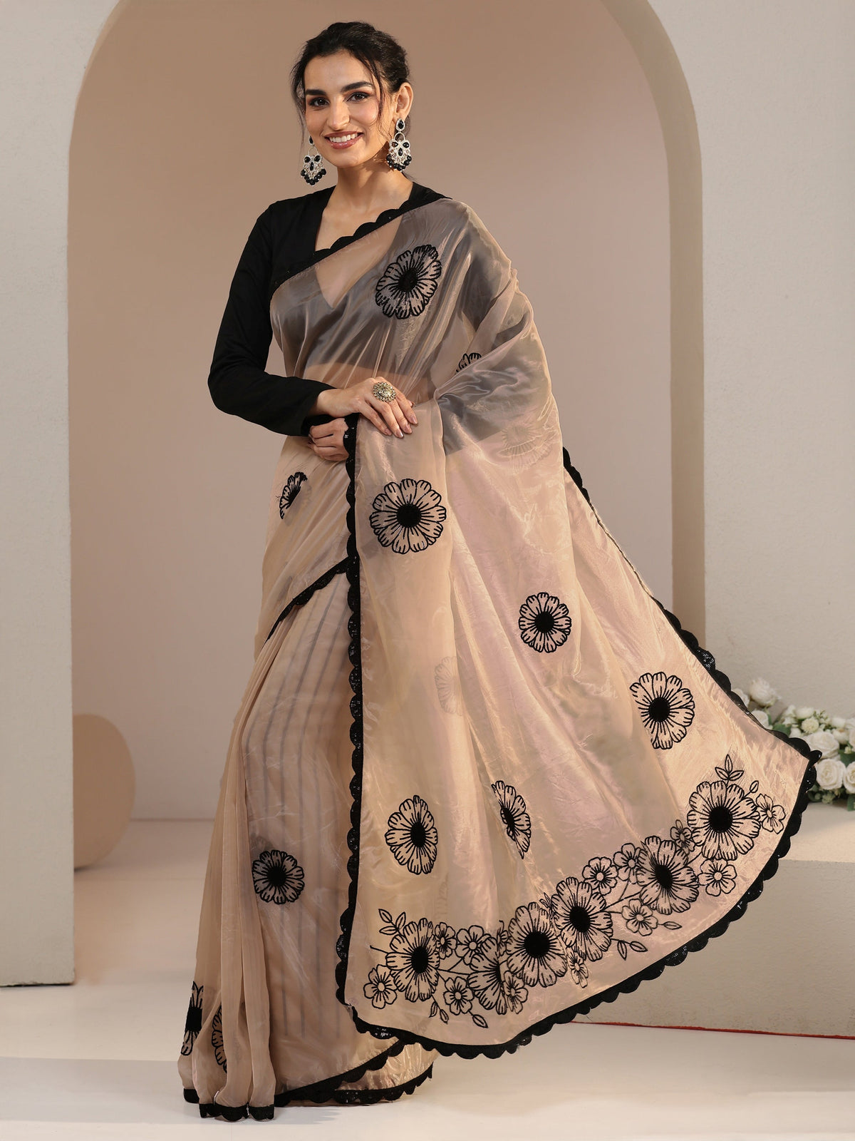Anouk Beige Floral Embroidered Tissue Saree with Scalloped Border