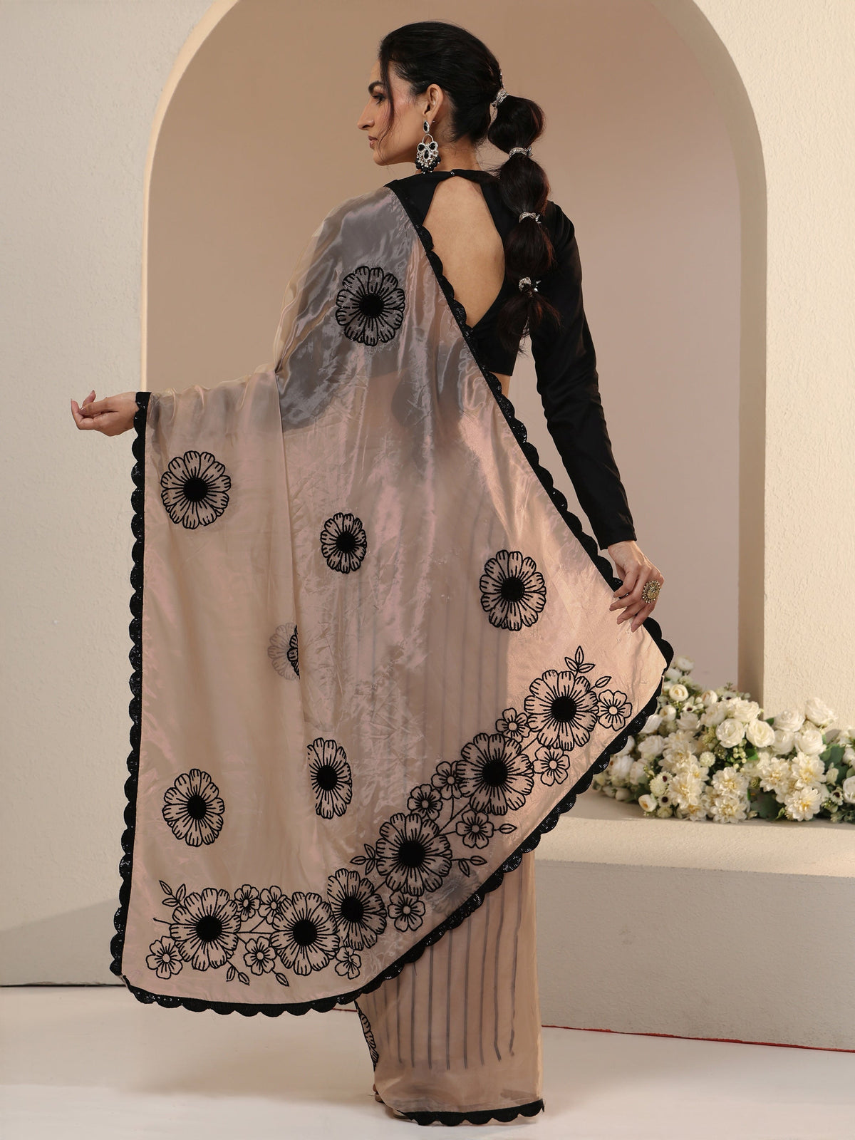 Anouk Beige Floral Embroidered Tissue Saree with Scalloped Border