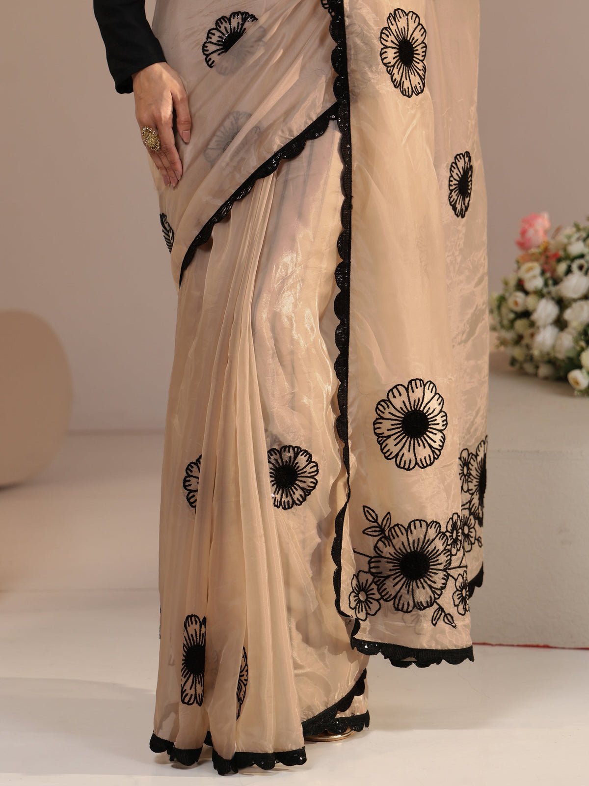 Anouk Beige Floral Embroidered Tissue Saree with Scalloped Border